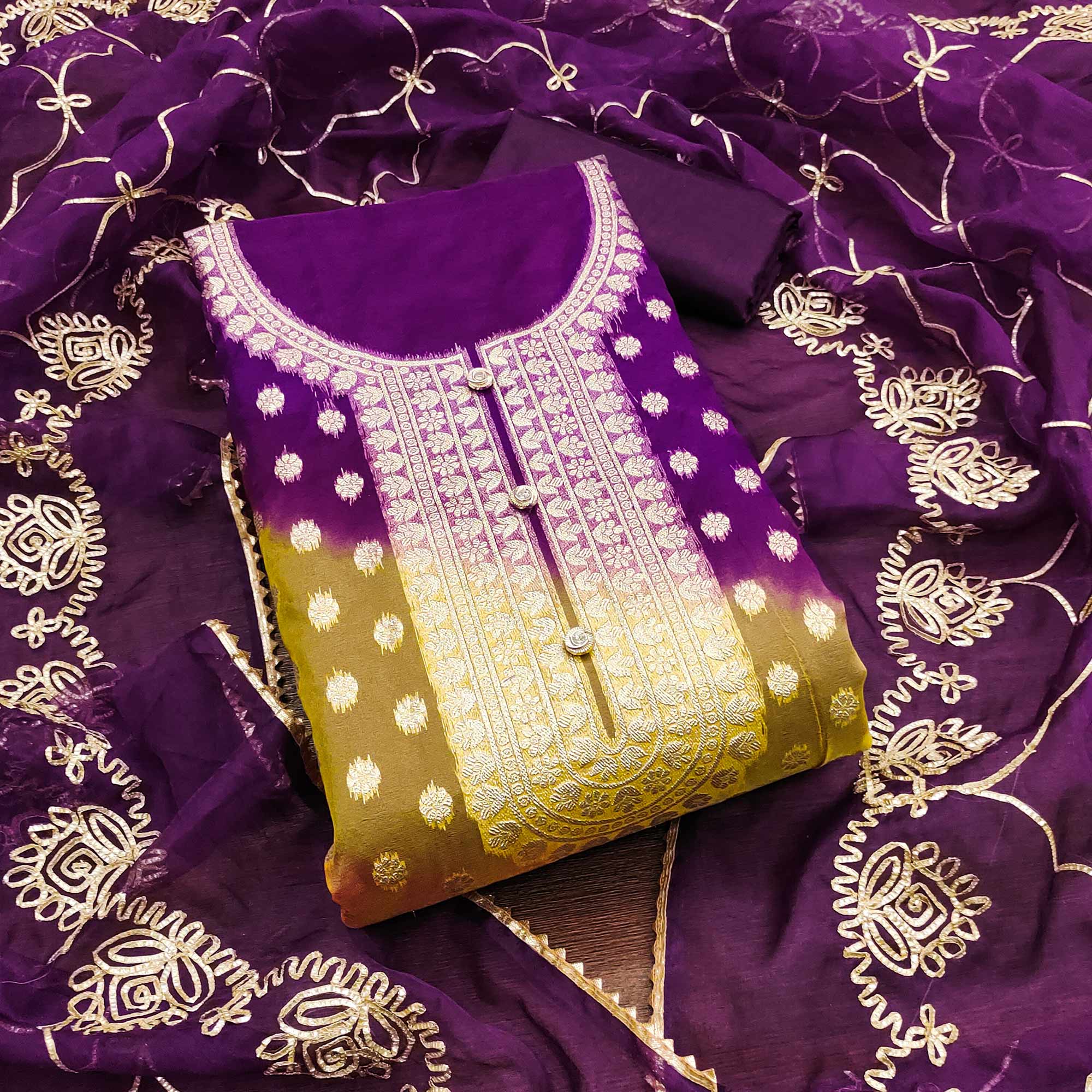 Purple Floral Woven Organza Jacquard Dress Material