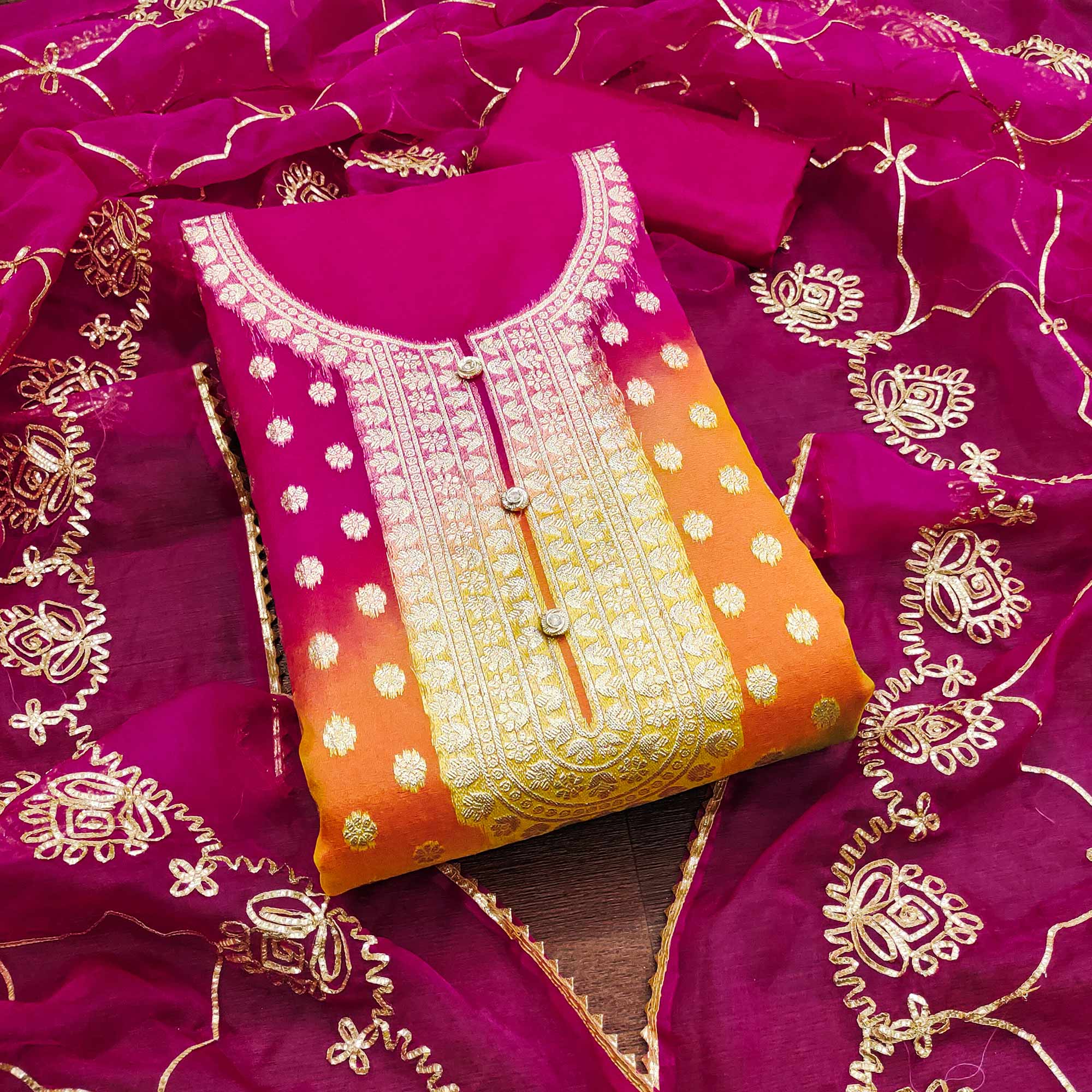 Rani Pink Floral Woven Organza Jacquard Dress Material