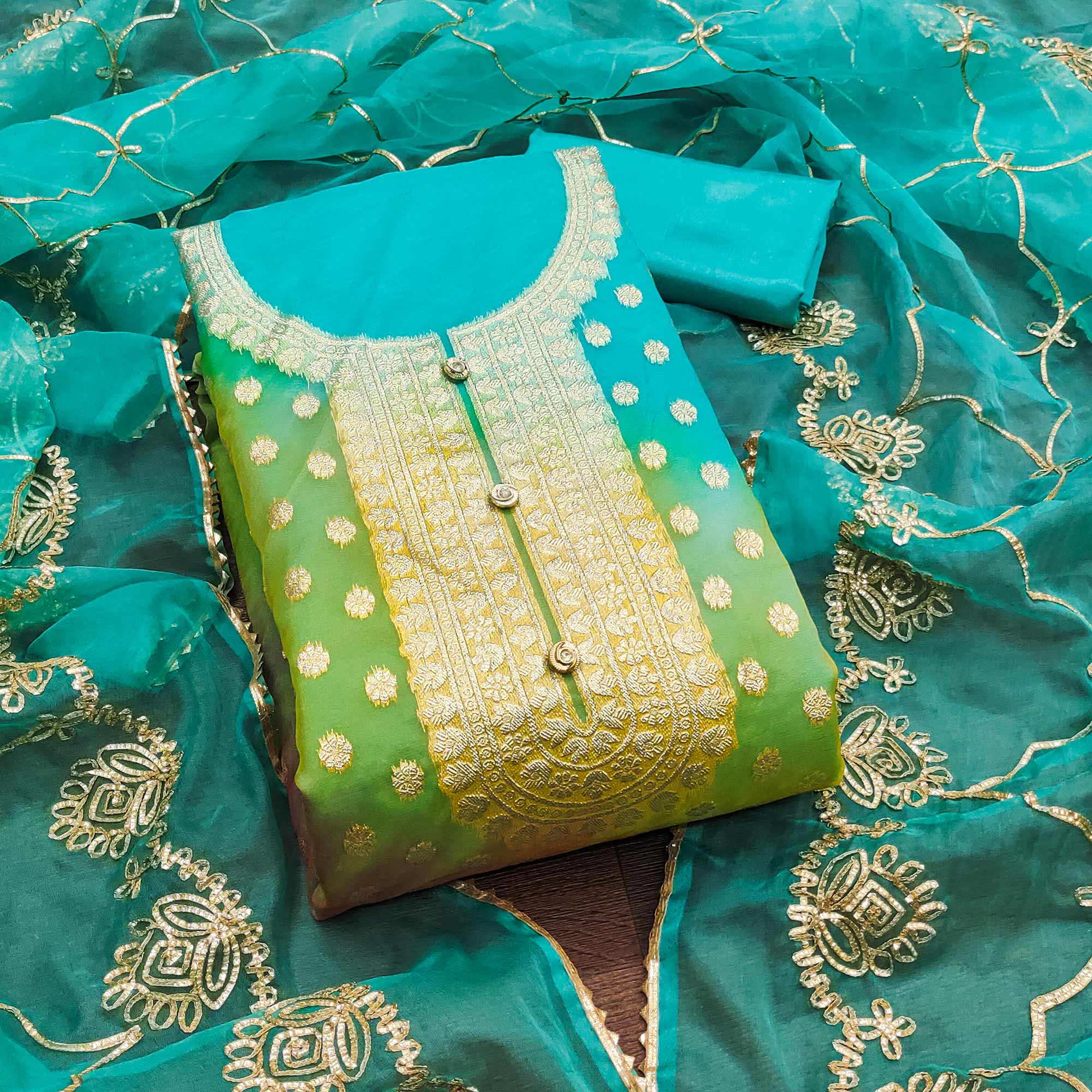 Turquoise Floral Woven Organza Jacquard Dress Material