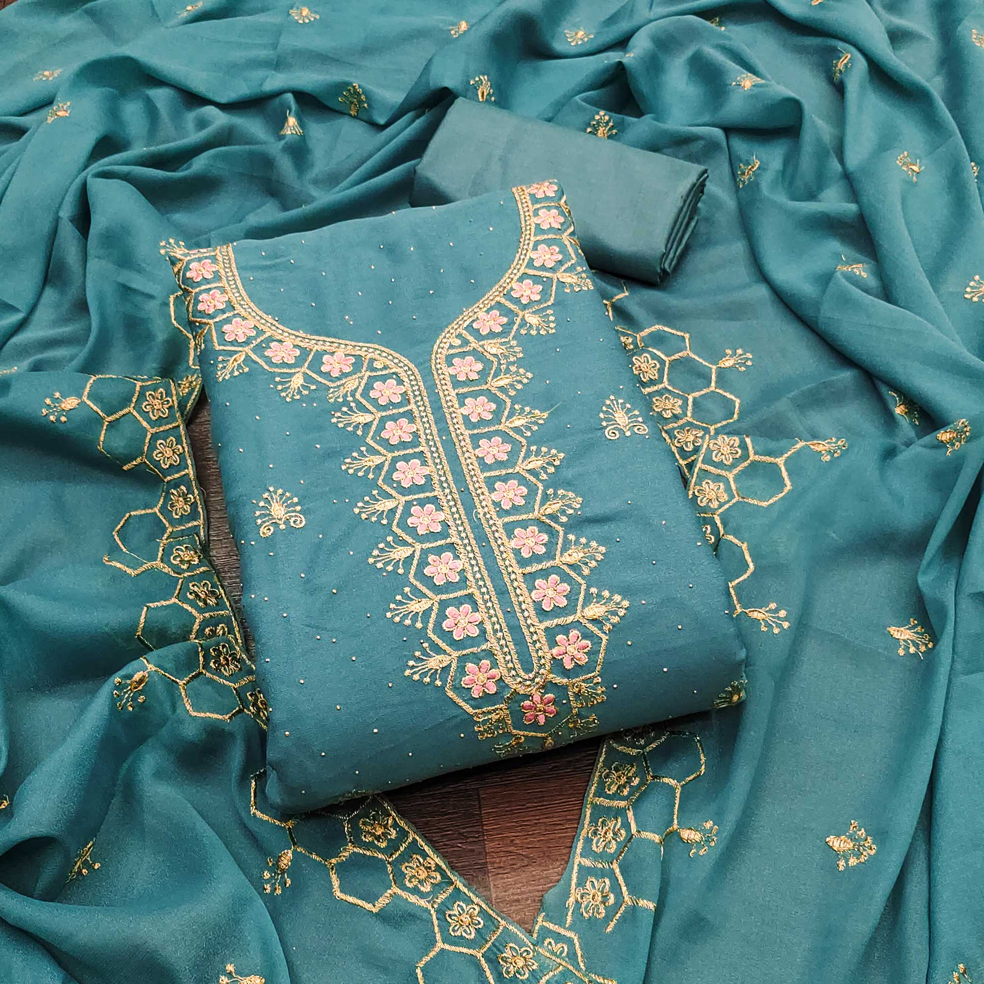 Blue Floral Embroidered Georgette Dress Material