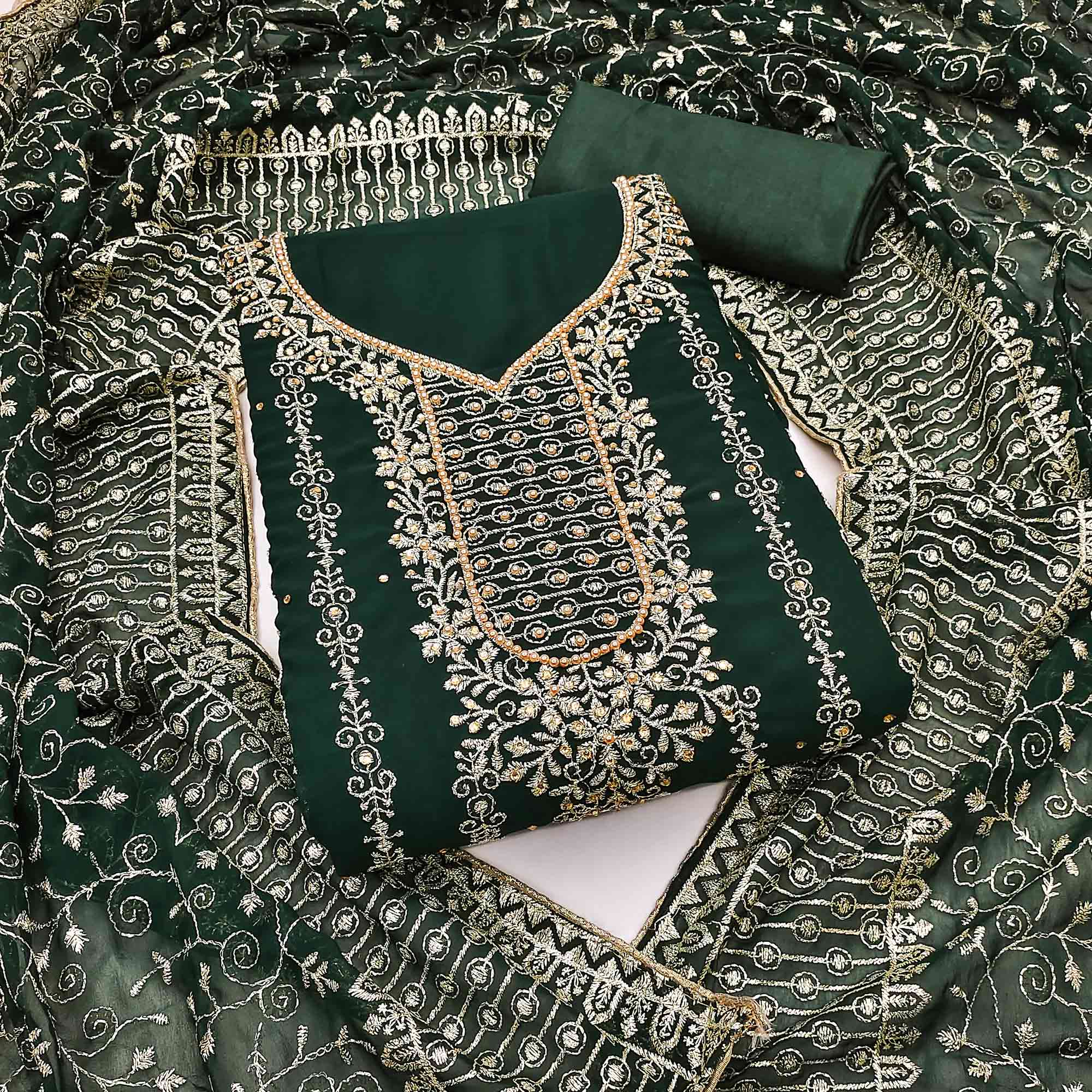 44Green Floral Embroidered Georgette Dress Material