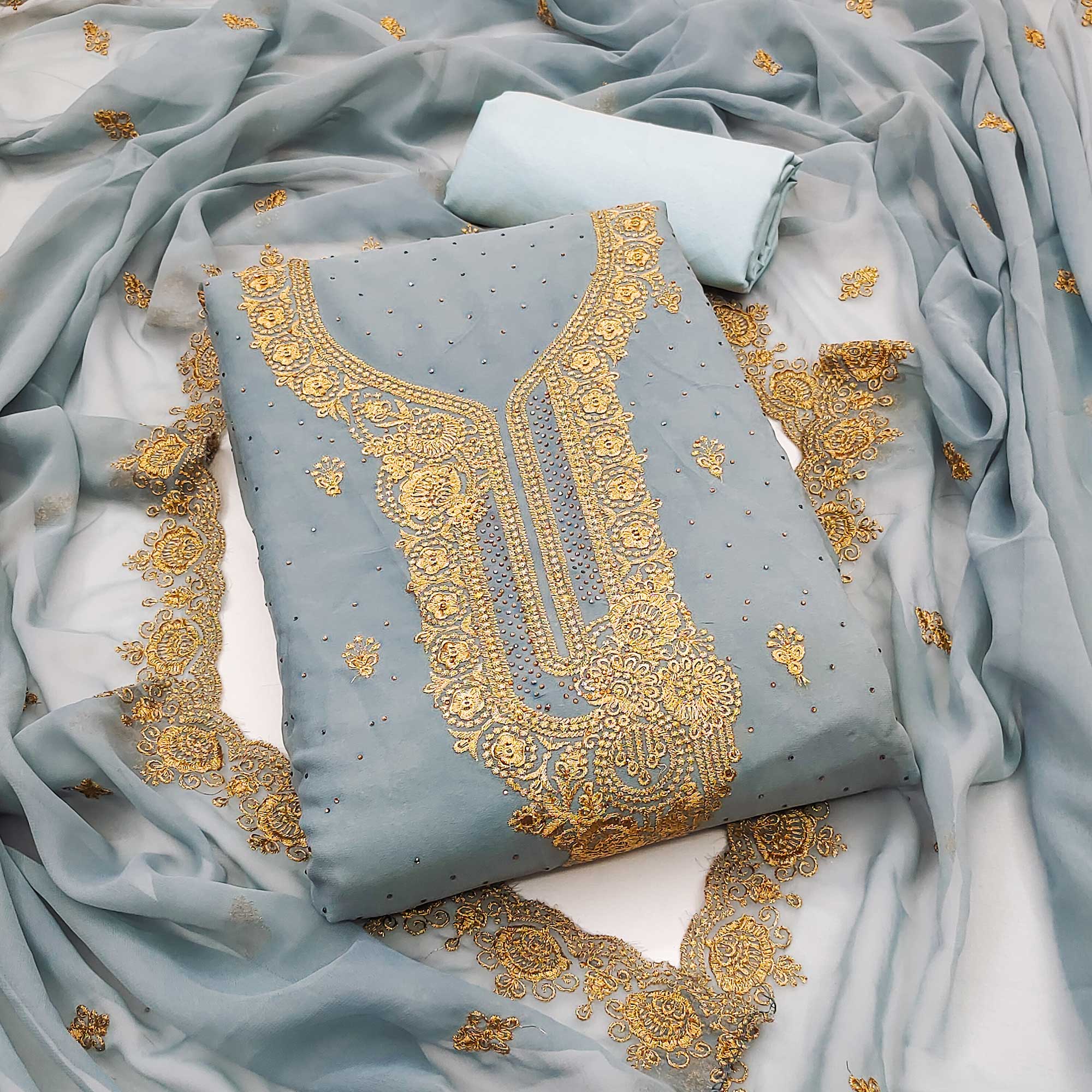 Grey Embroidered With Swarovski Work Georgette Dress Material