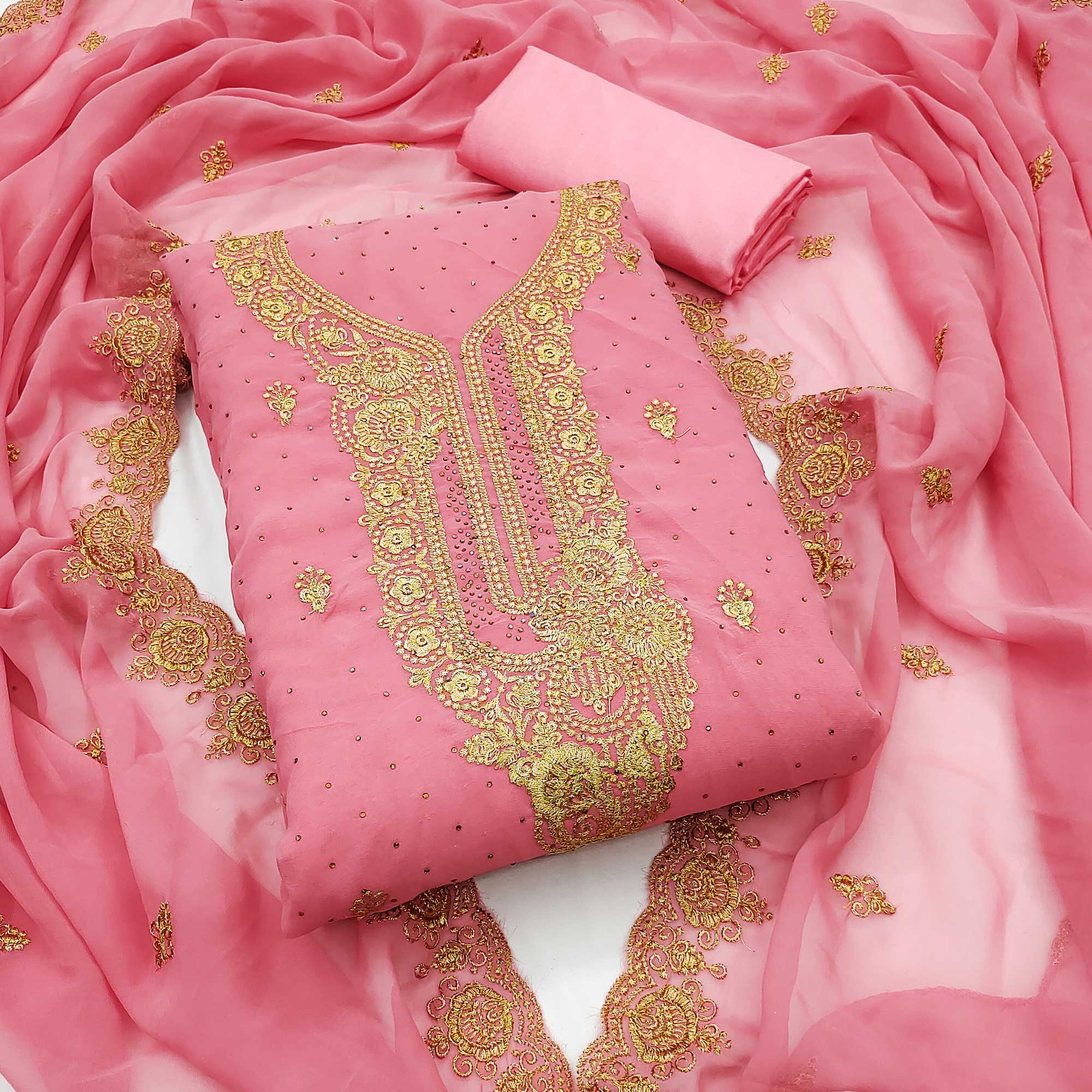 Pink Embroidered With Swarovski Work Georgette Dress Material