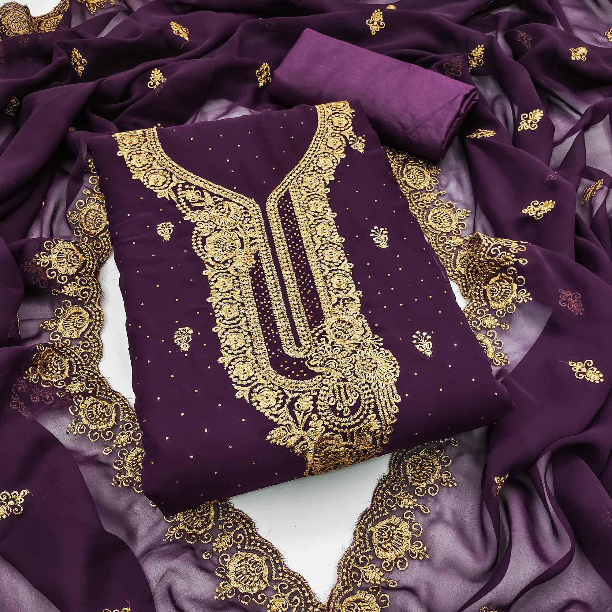 Wine Embroidered With Swarovski Work Georgette Dress Material
