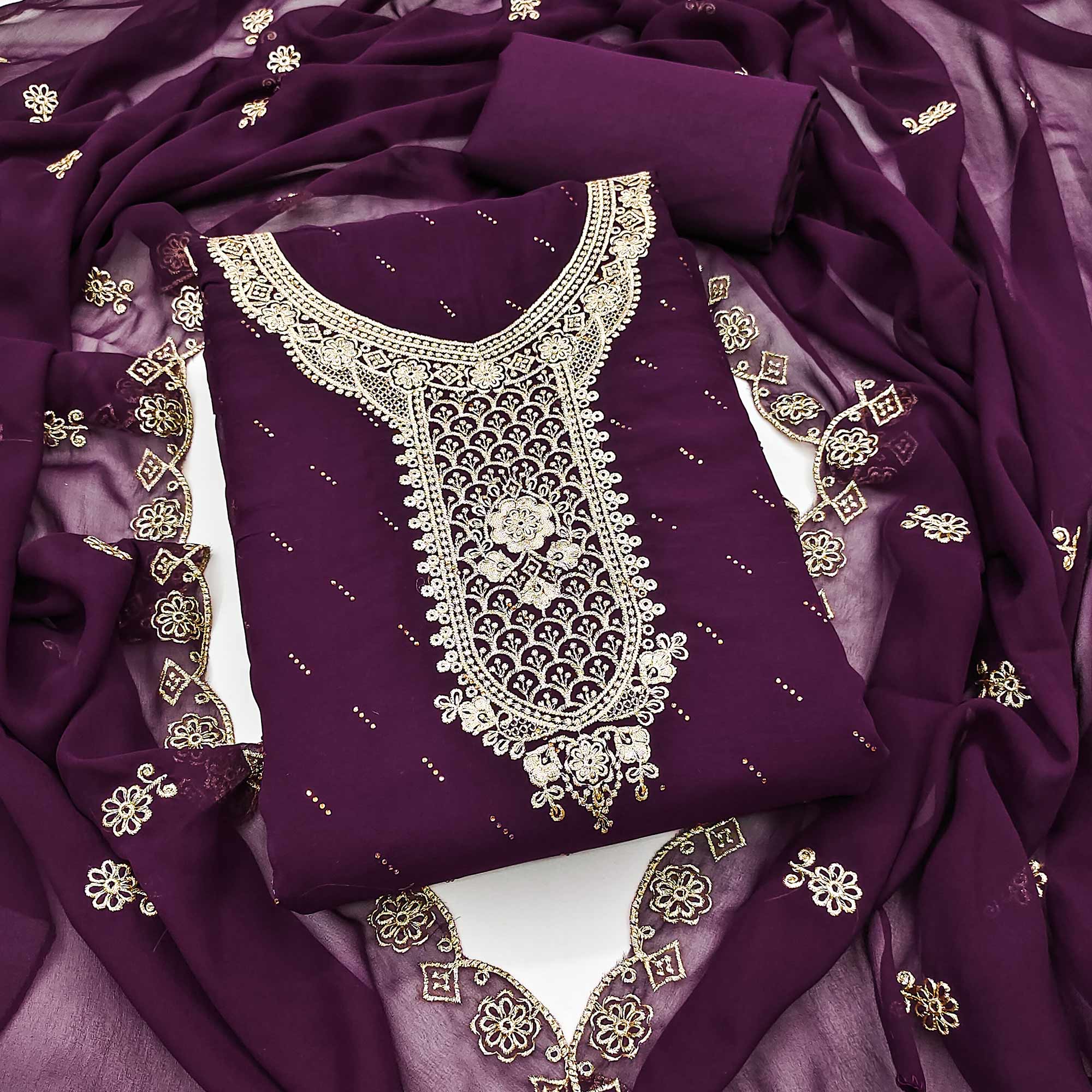 Wine Floral Embroidered With Swarovski Work Georgette Dress Material
