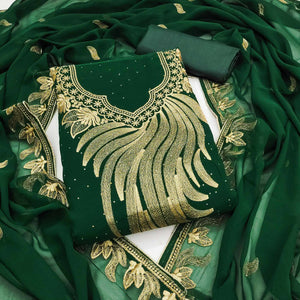Drape Yourself In Luxury Green Floral Embroidery With Stone Work Georgette Dress Material