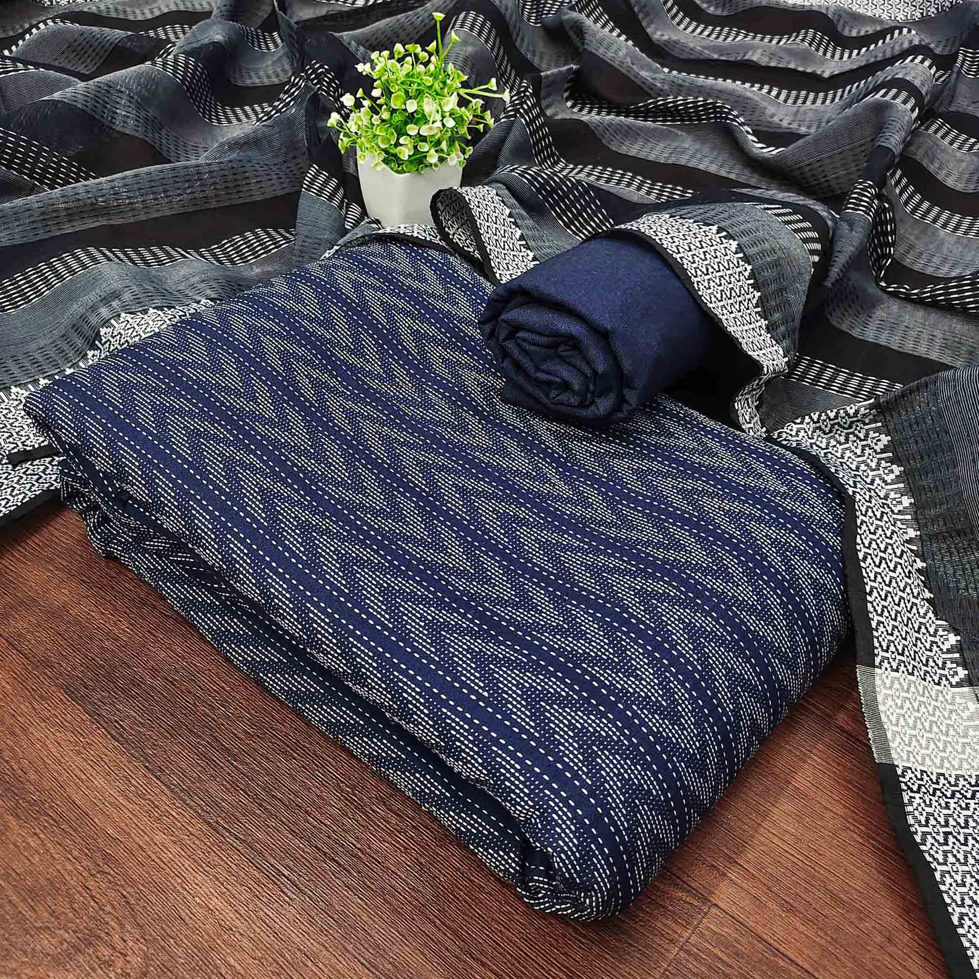 Redefine Elegance With This Navy Blue Chevron Woven Pattern Cotton Blend Dress Material