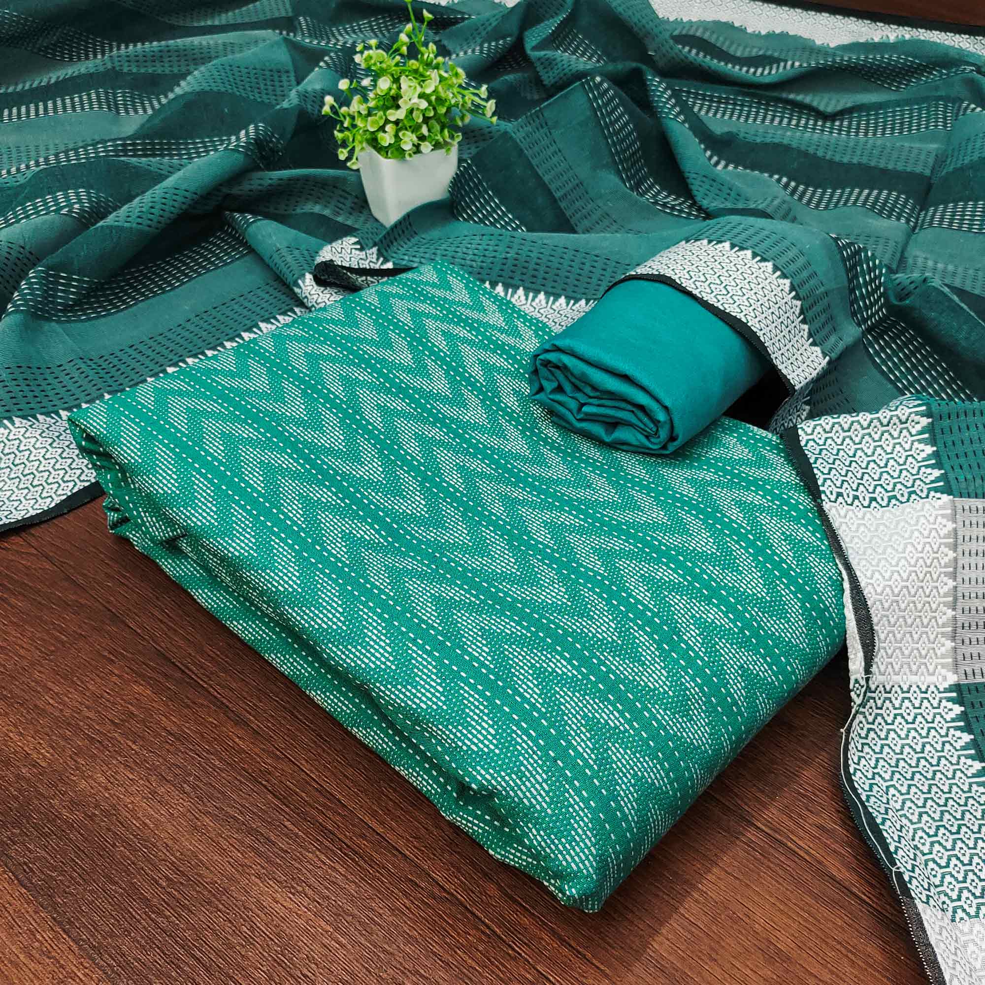 The Perfect Blend Of Grace Rama Green Chevron Woven Pattern Cotton Blend Dress Material