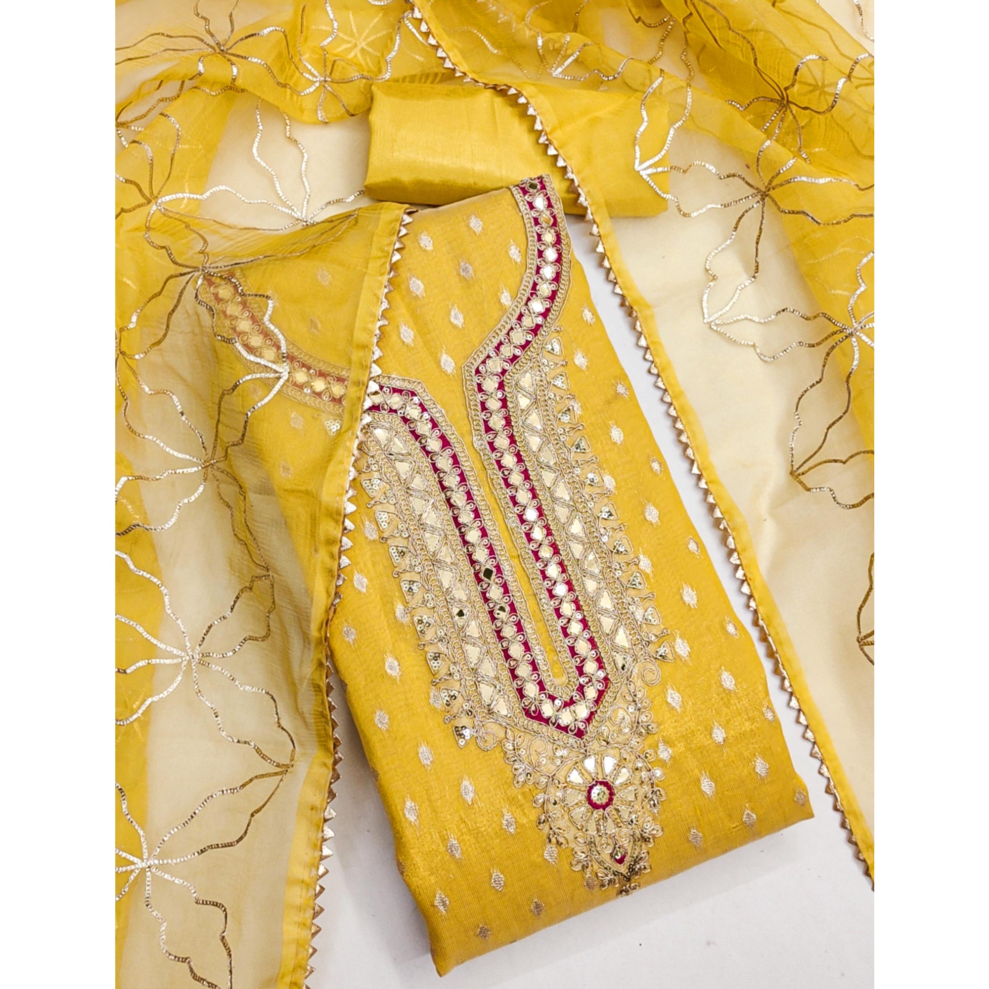 Yellow Woven Shimmer Silk Dress Material Adorned With Sequins & Gota Patti Work