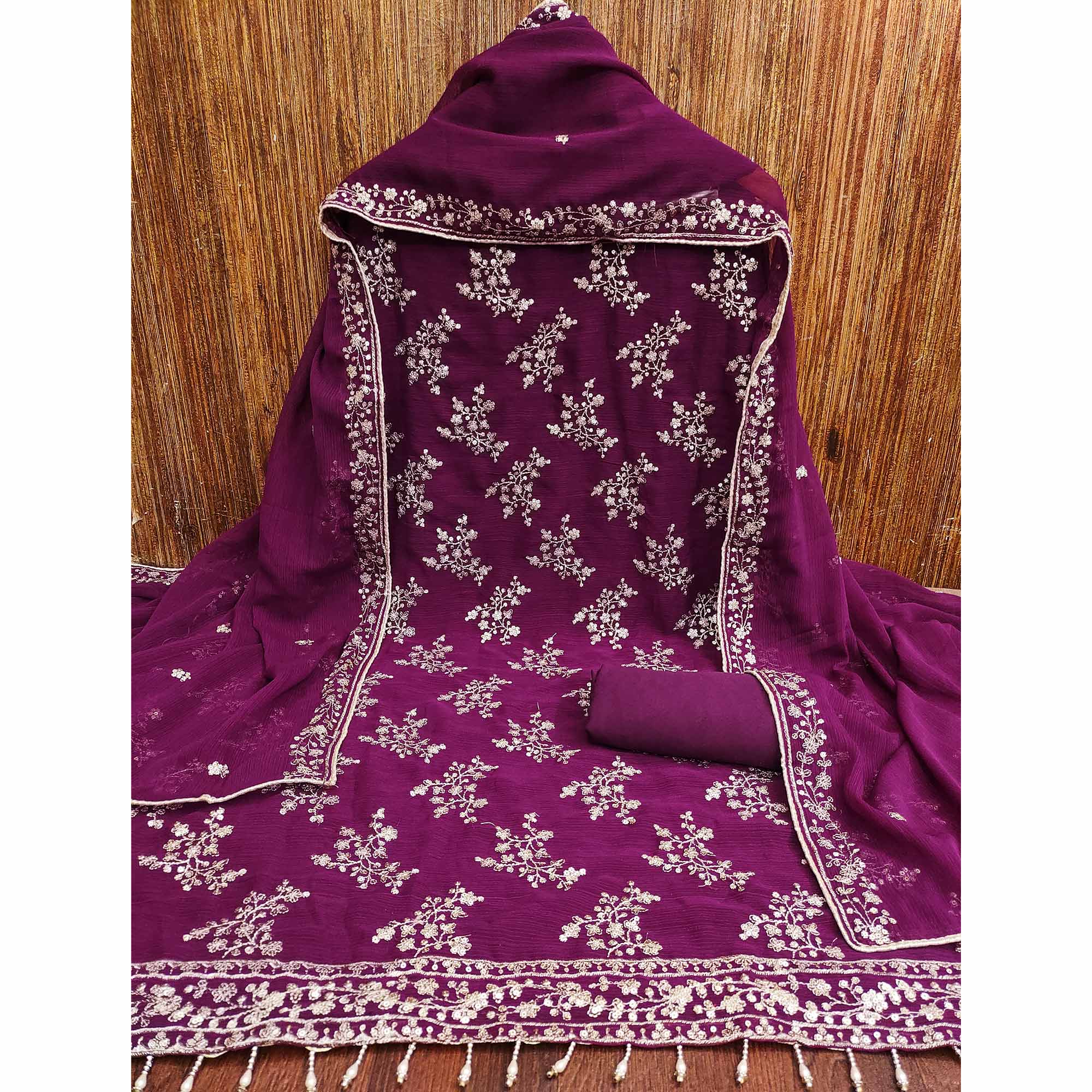 Wine Zomato Art Silk Dress Material Adorned With Floral Sequins Embroidery