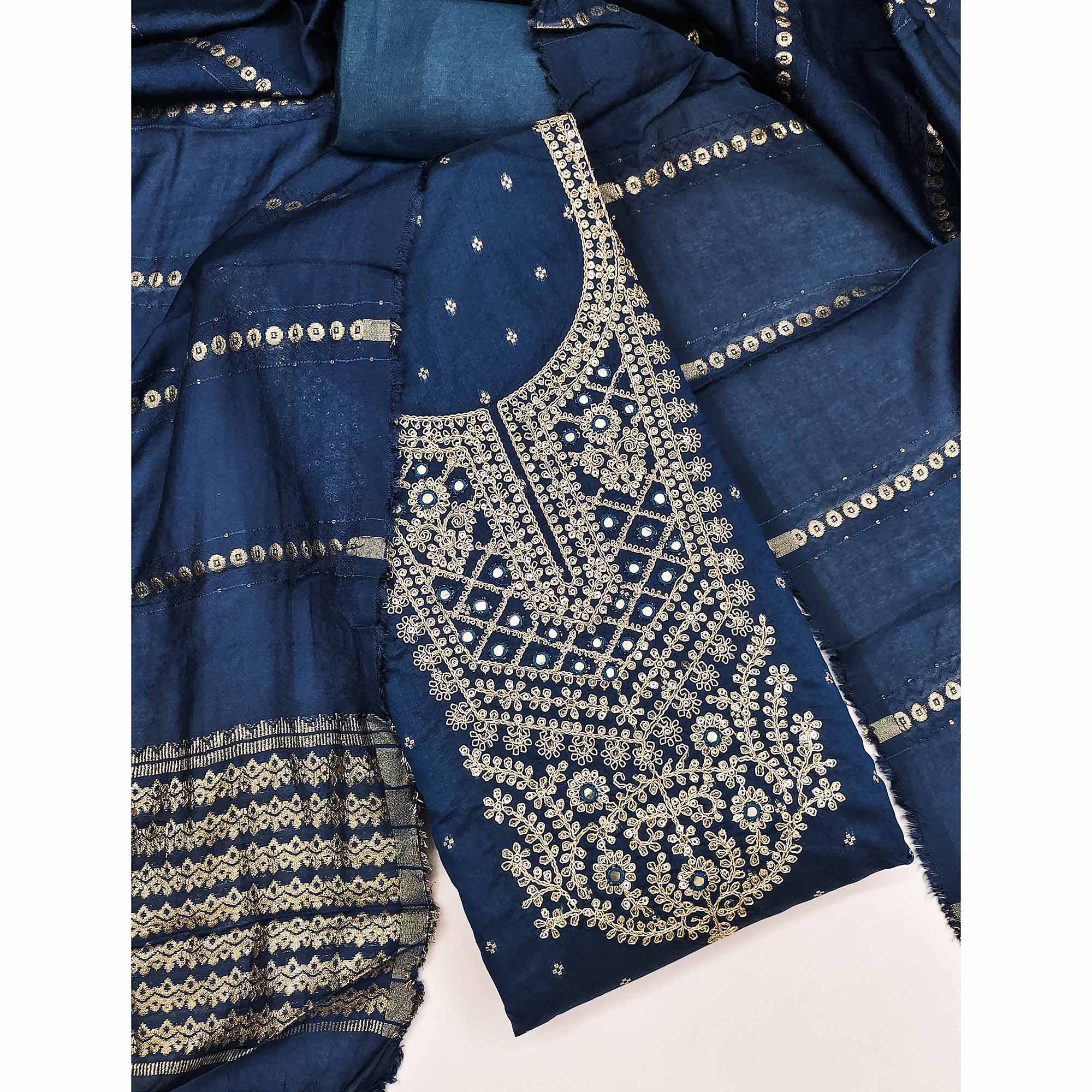Blue Chanderi Silk Dress Material With Intricate Floral Sequins Embroidery & Butti Work