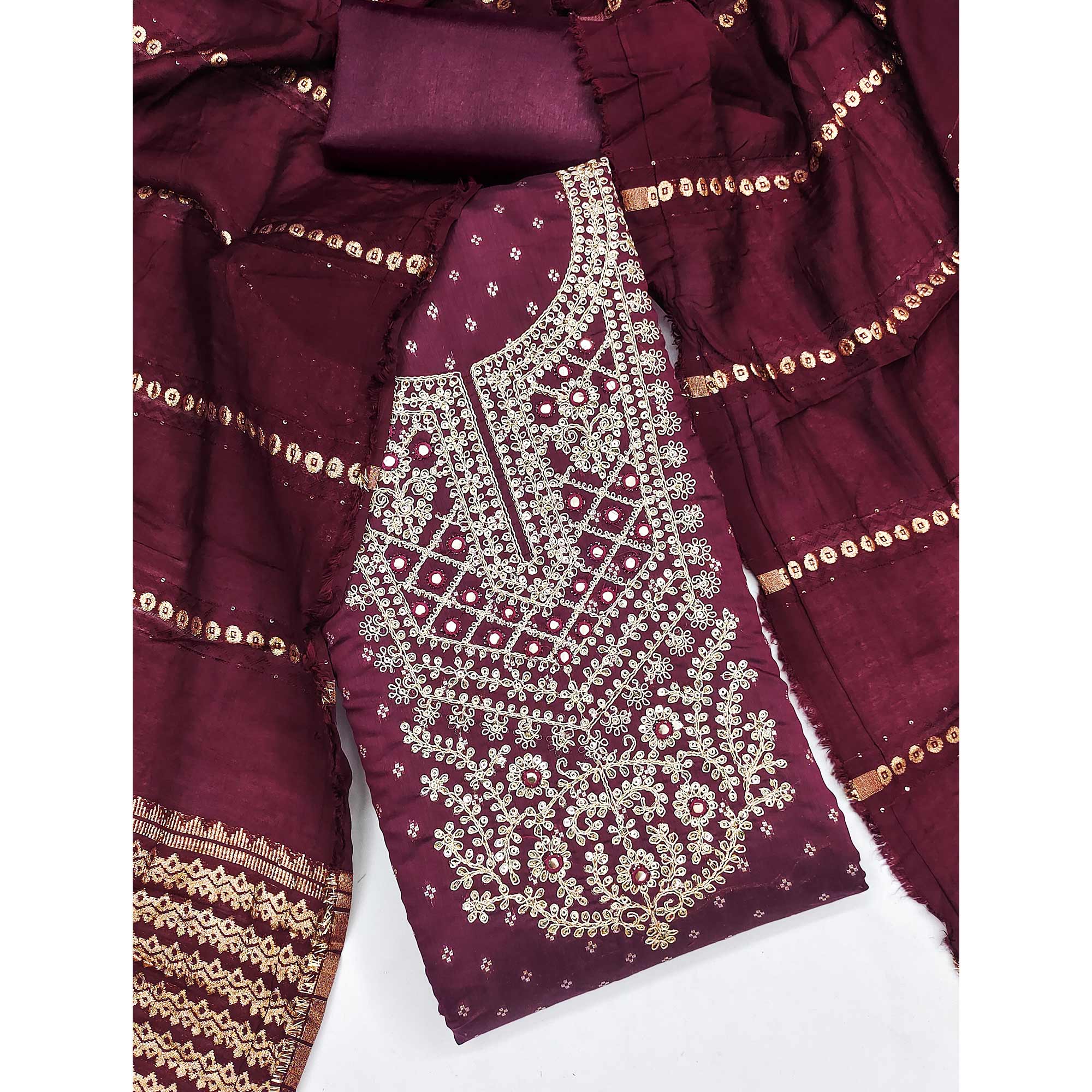 Wine Chanderi Silk Dress Material With Intricate Floral Sequins Embroidery & Butti Work
