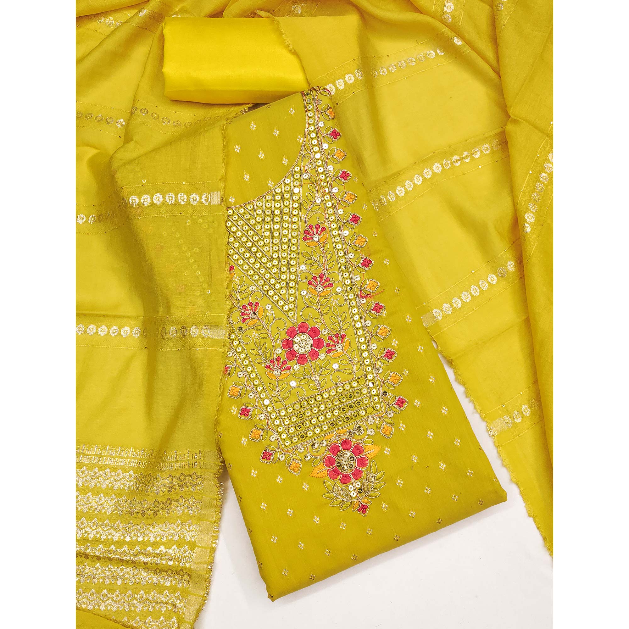 Mustard Chanderi Silk Dress Material With Delicate Floral Sequins Embroidery & Butti Work