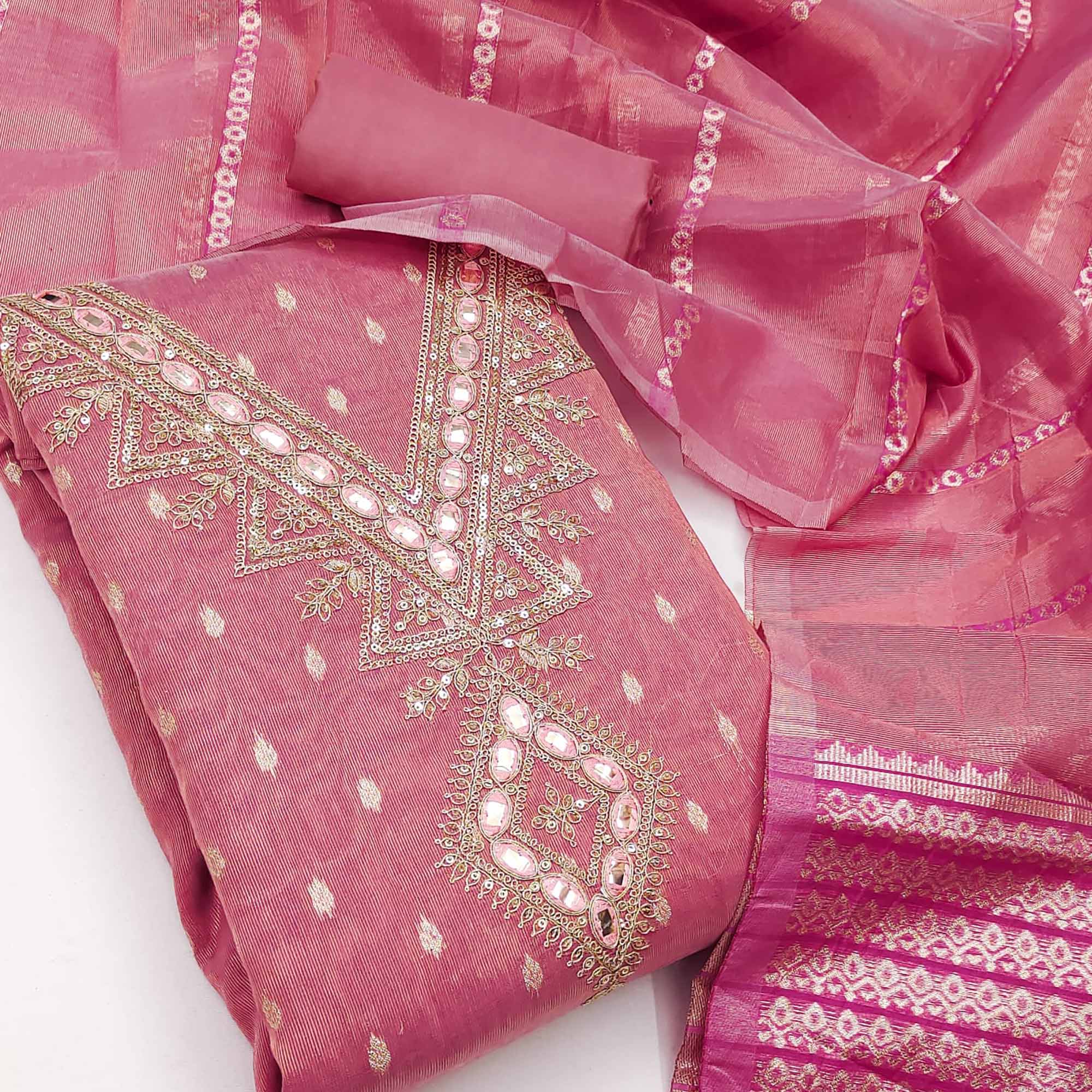Peach Jacquard Dress Material with Zari Weaving and Sequin Accents