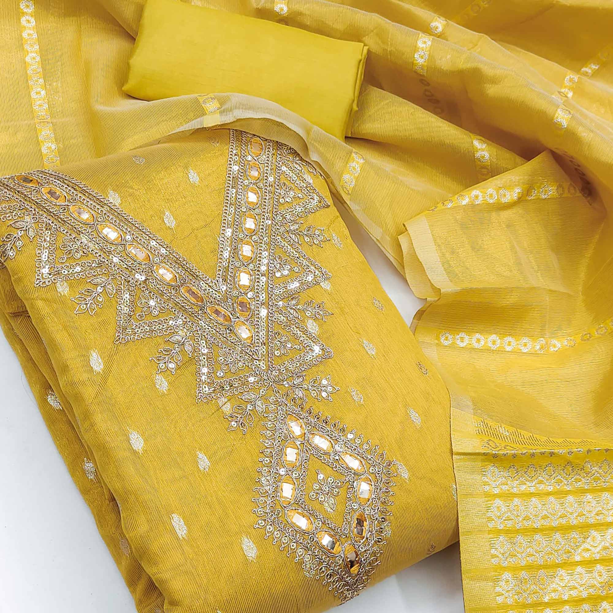 Yellow Jacquard Dress Material with Zari Weaving and Sequin Accents
