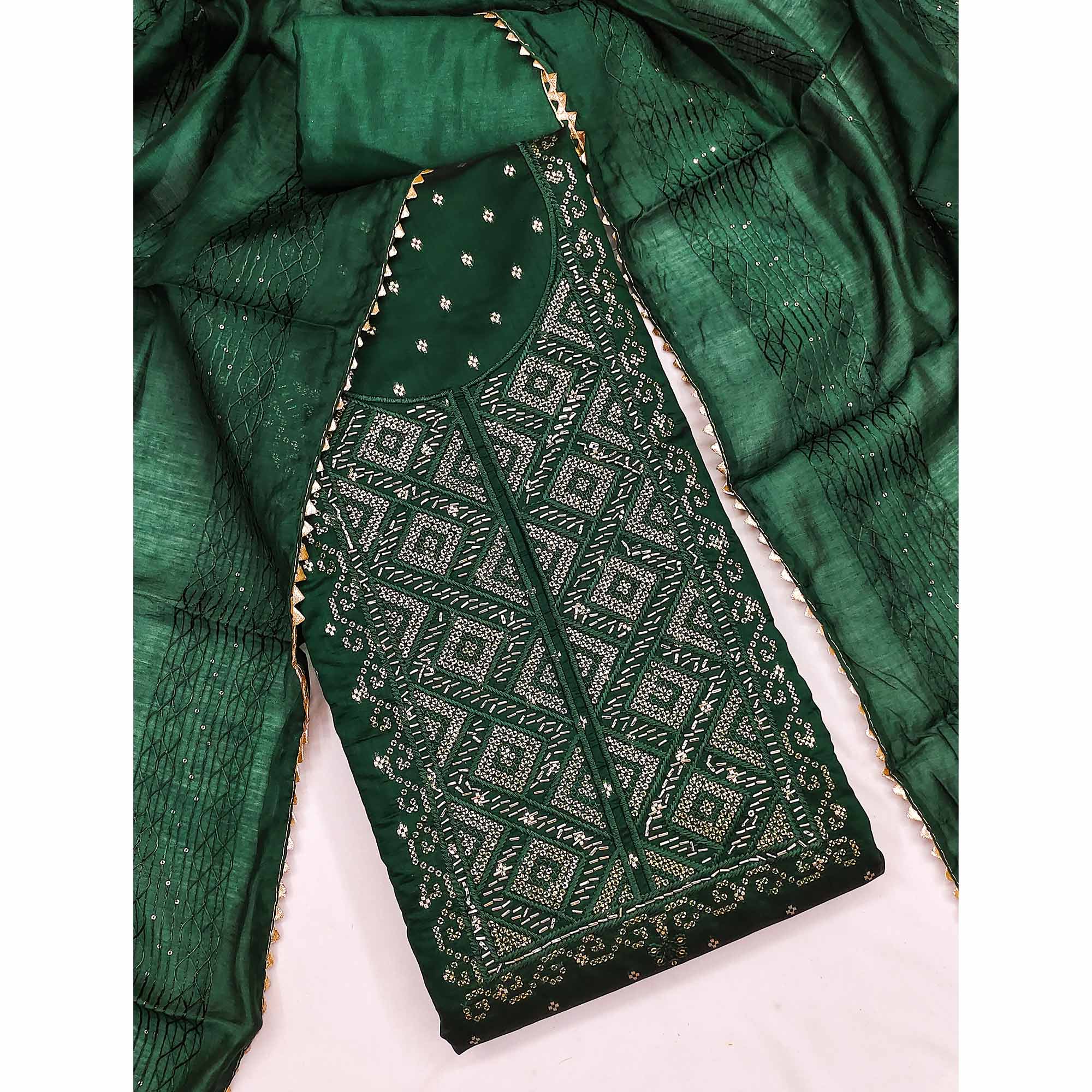 Bottle Green Shimmer Dress Material Featuring Zari Weaving & Beads Work