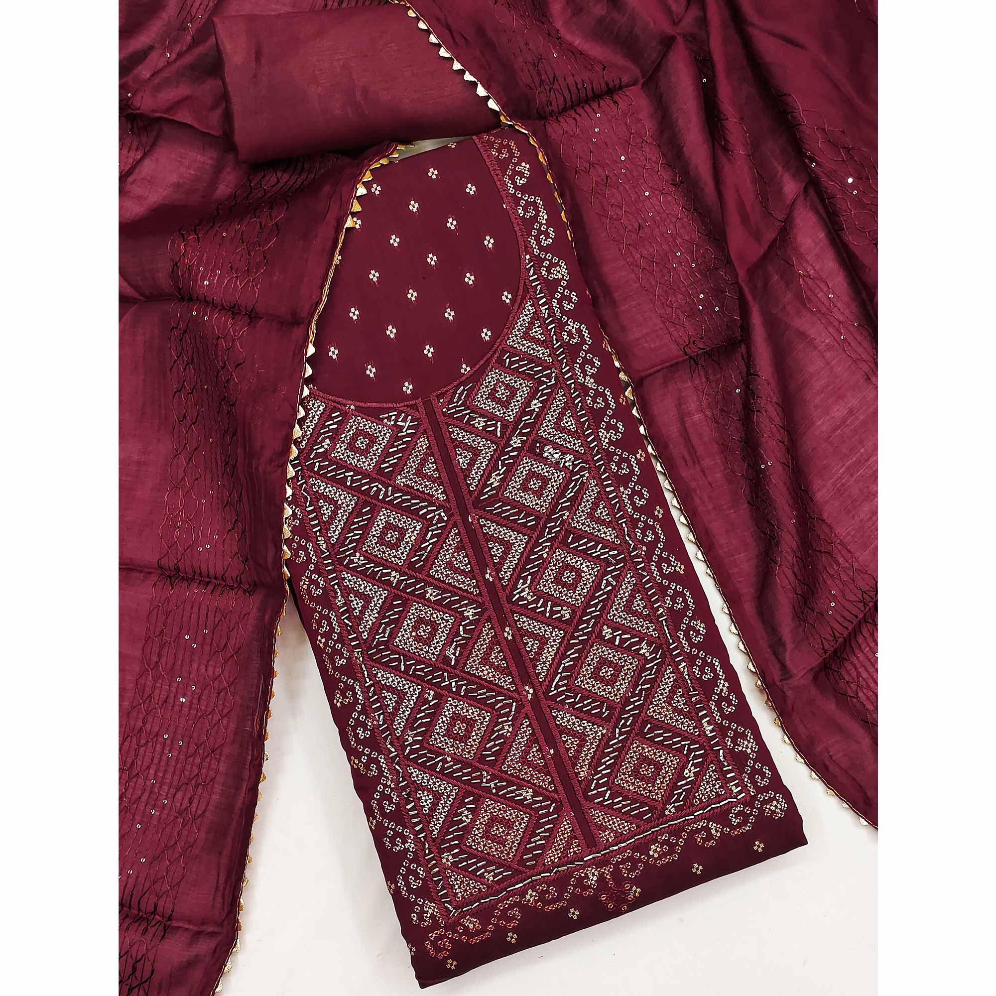 Maroon Shimmer Dress Material Featuring Zari Weaving & Beads Work