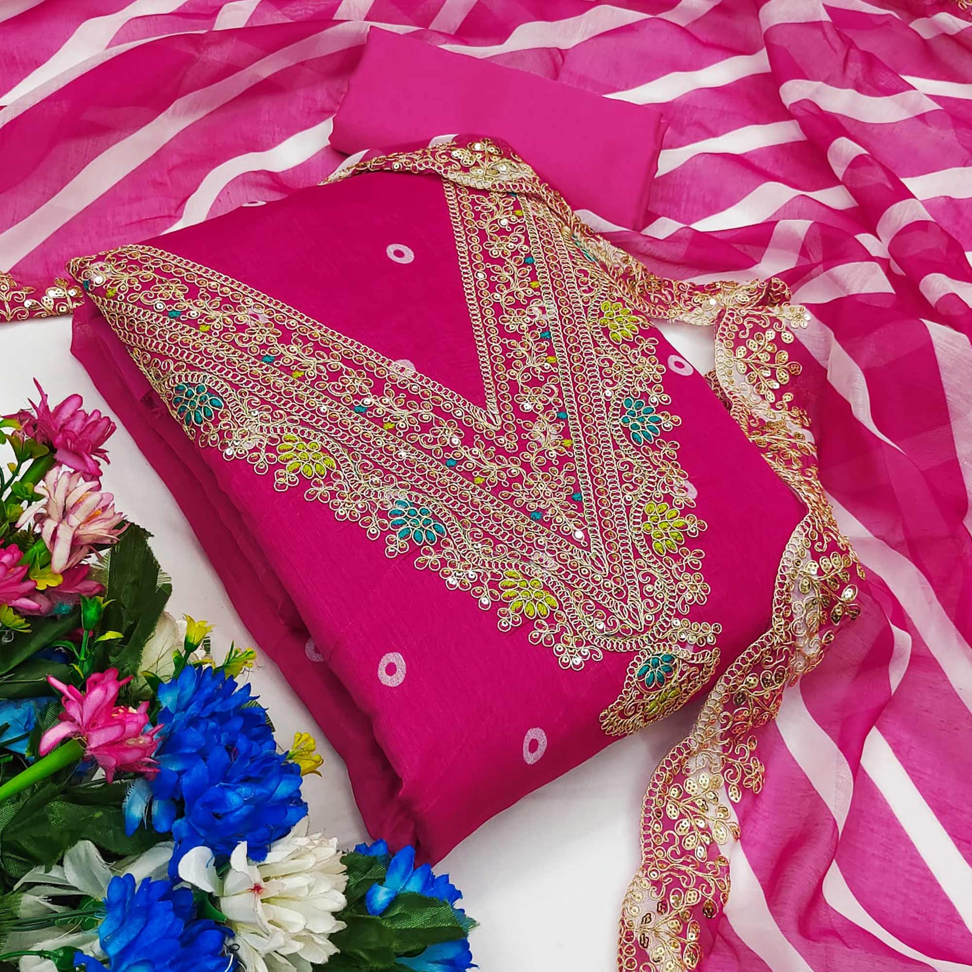 Rani Pink Printed Dress Material In Chanderi Silk with Intricate Cording & Sequin Work