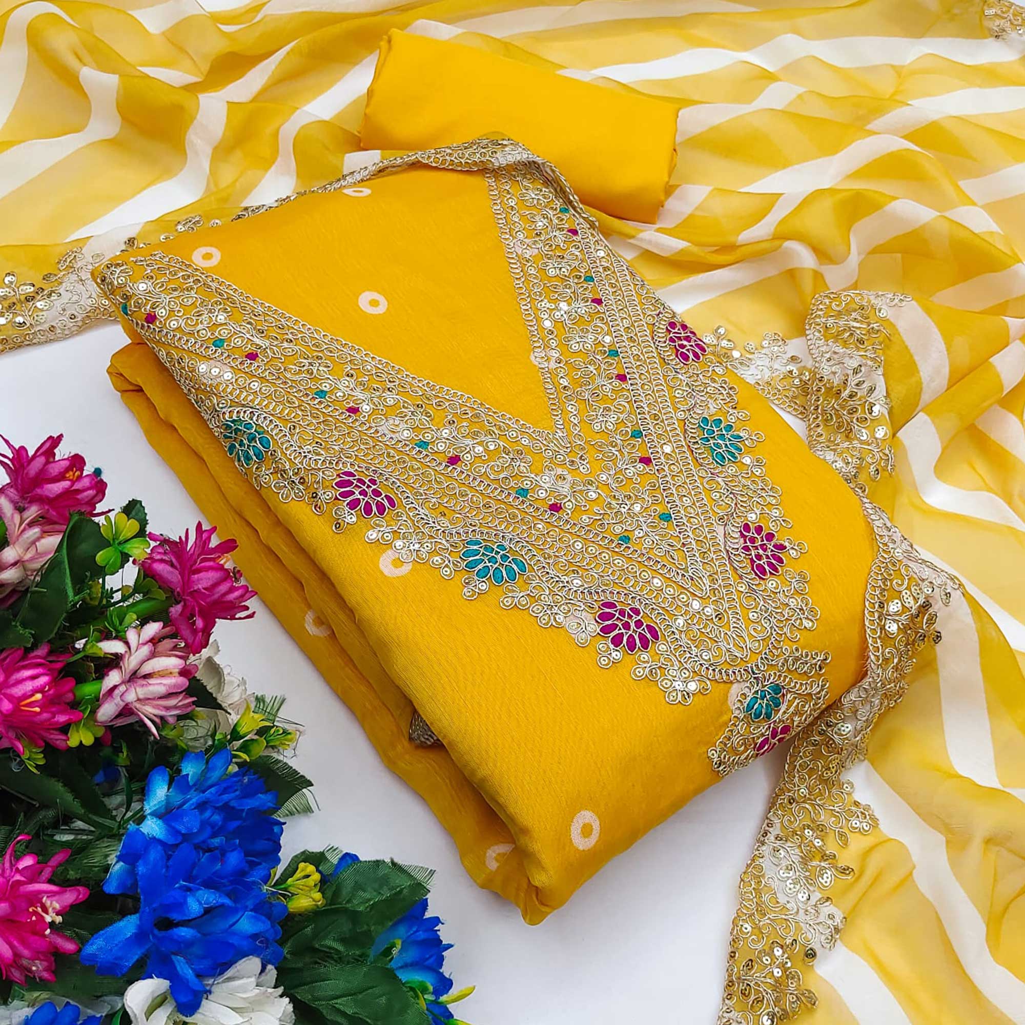 Yellow Printed Dress Material In Chanderi Silk with Intricate Cording & Sequin Work