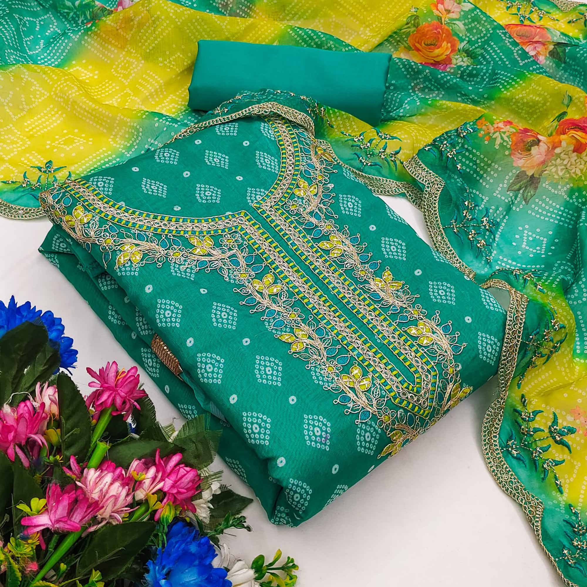 Rama Green Bandhani Printed Chanderi Silk Dress Material With Sequin & Cording Embroidery