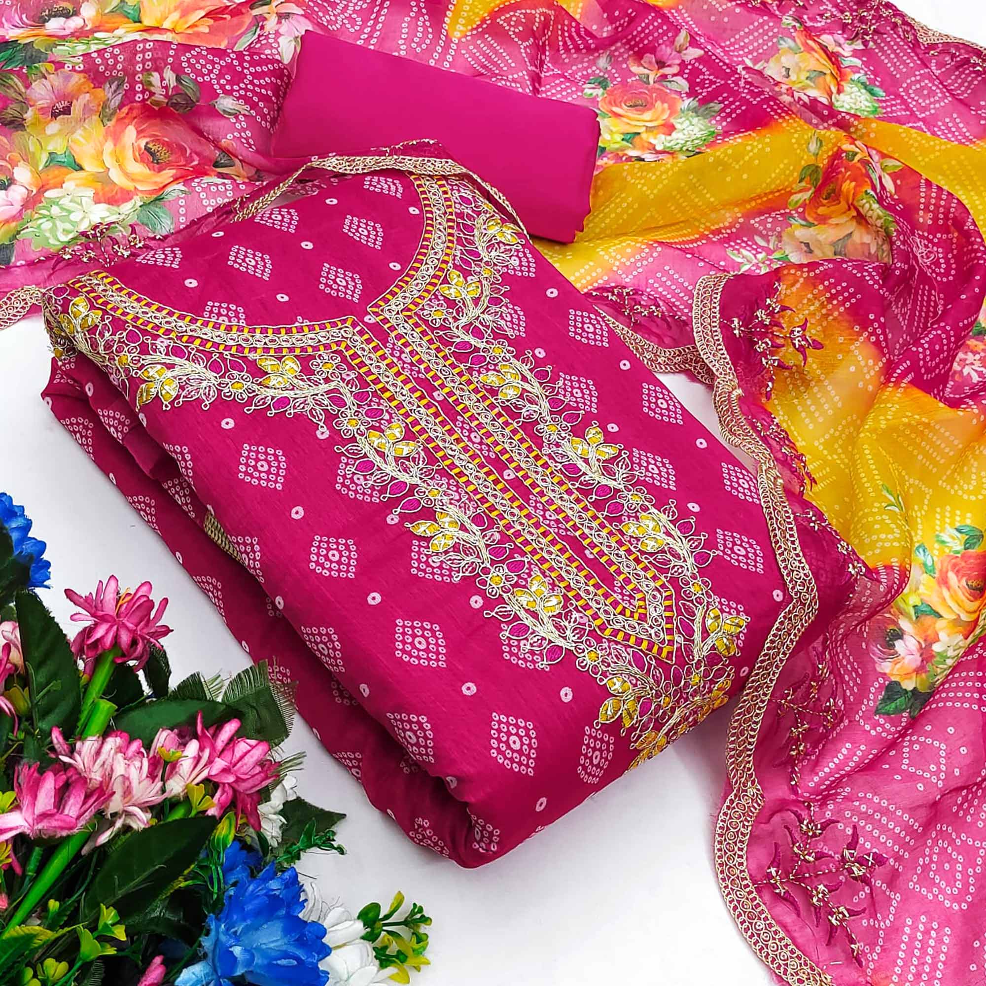 Rani Pink Bandhani Printed Chanderi Silk Dress Material With Sequin & Cording Embroidery