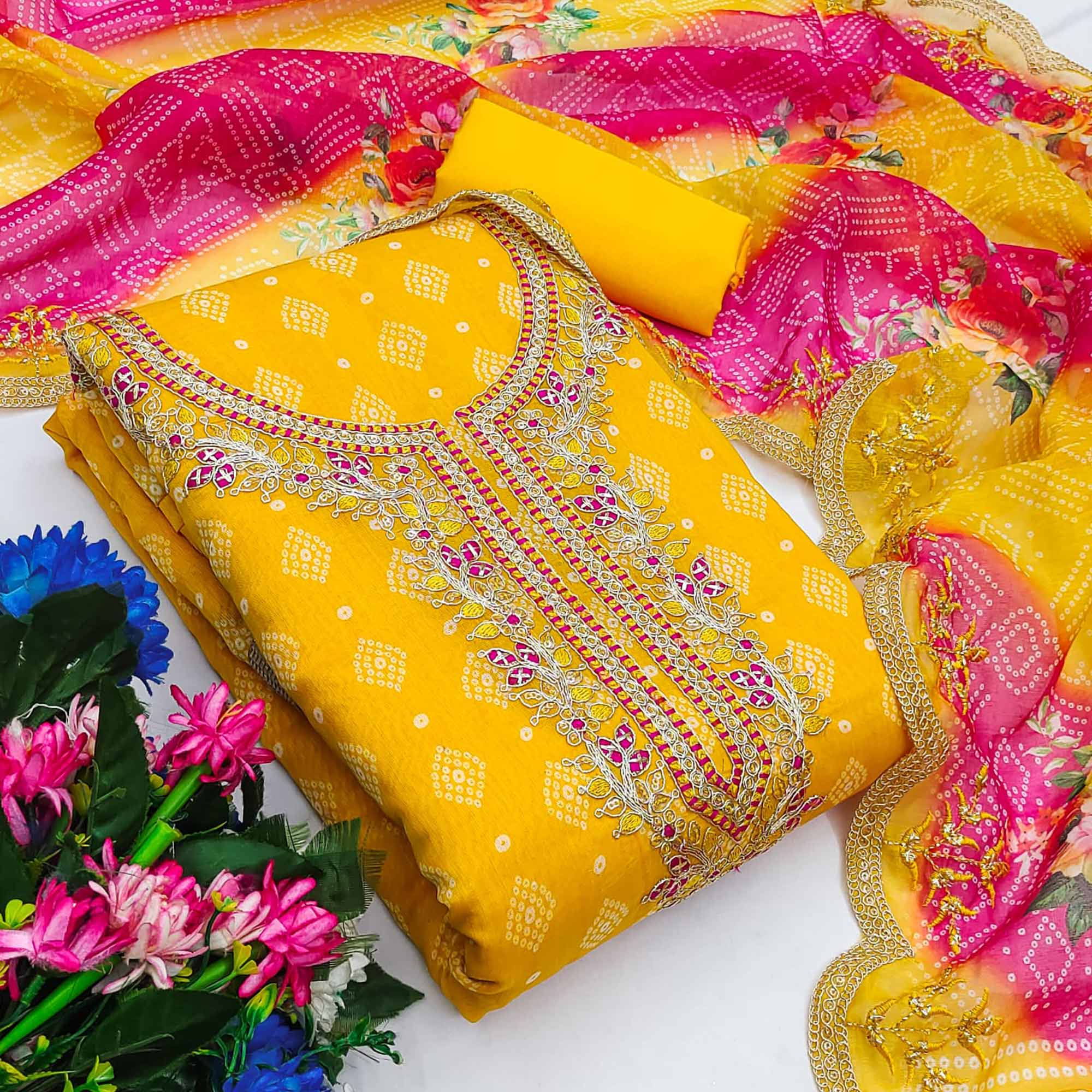 Yellow Bandhani Printed Chanderi Silk Dress Material With Sequin & Cording Embroidery