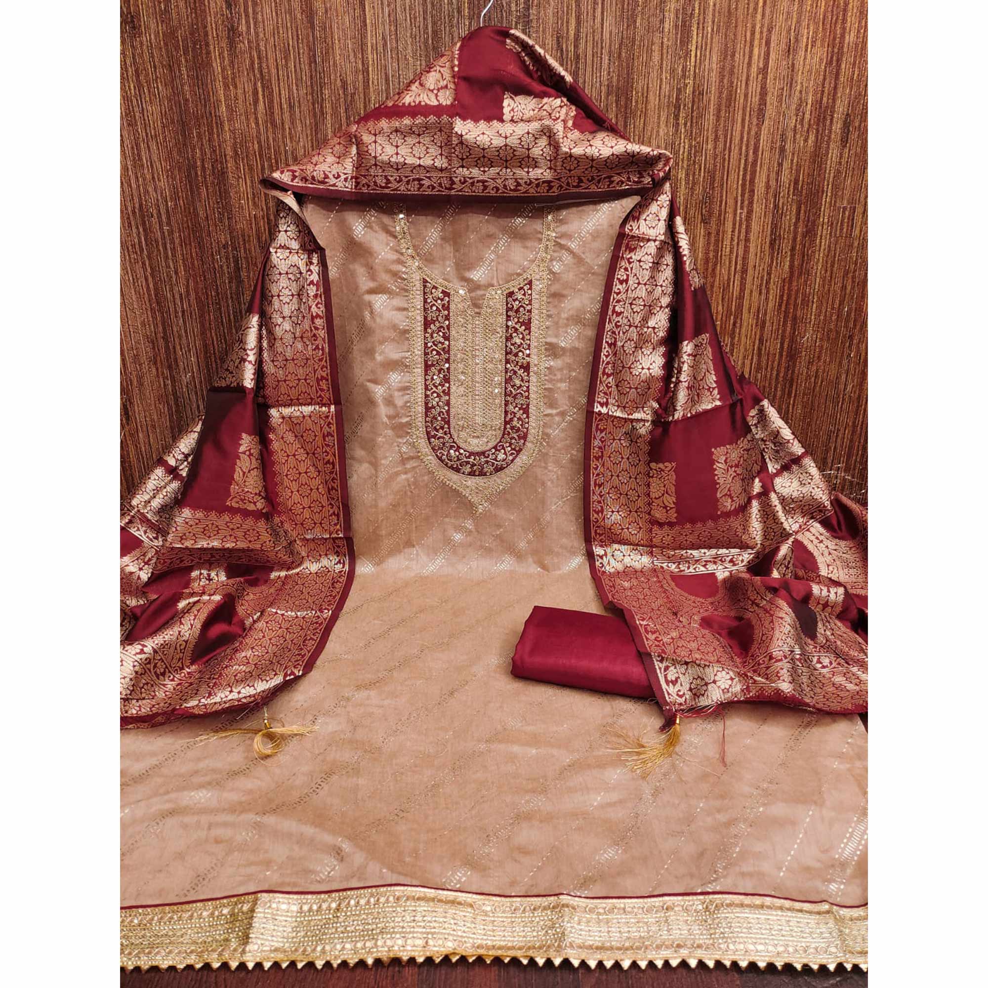 Peach Floral Printed Chanderi Silk Dress Material Embellished With Sequins & Cording