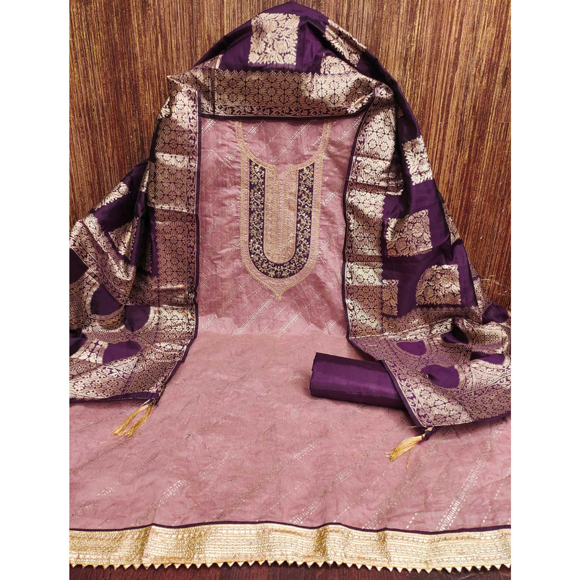 Pink Floral Printed Chanderi Silk Dress Material Embellished With Sequins & Cording