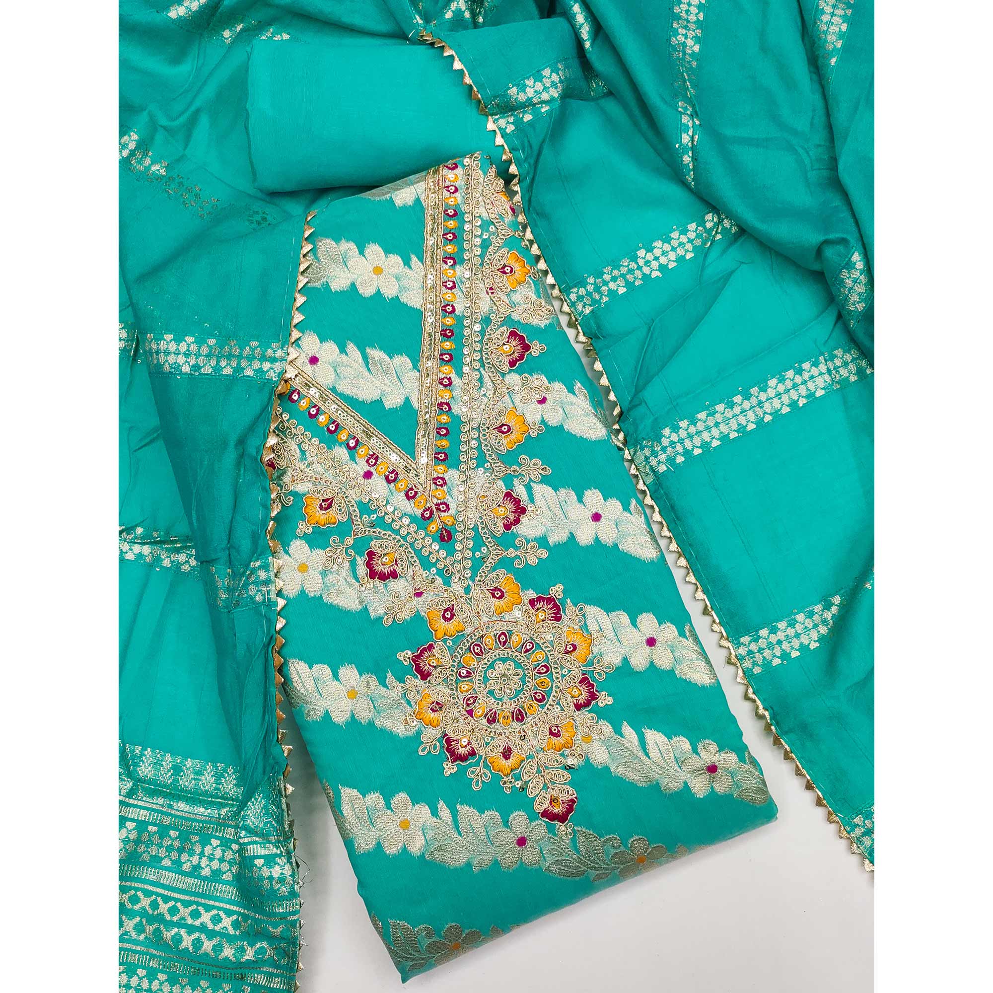 Turquoise Jacquard Dress Material with Shimmering Zari Weave in Traditional Banarasi Style
