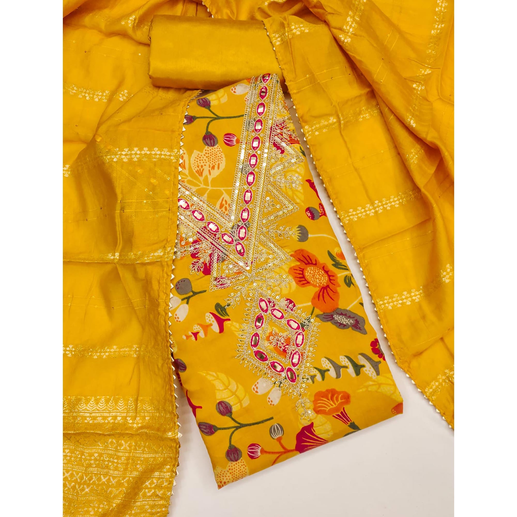 Yellow Dress Fabric in Chanderi Silk Blended with Floral Patterns and Delicate Thread Work