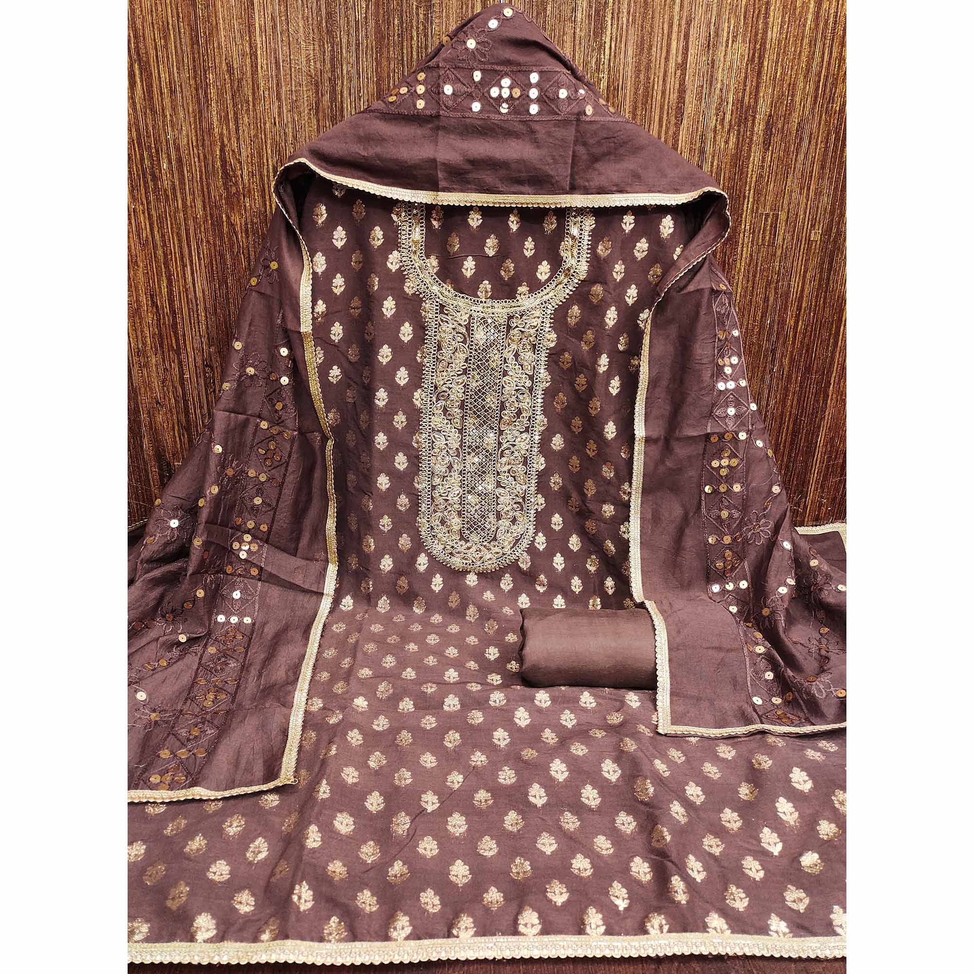 Brown Chanderi Cotton Fabric with Elegant Butti Zari Weaving for a Festive Yet Soft Look