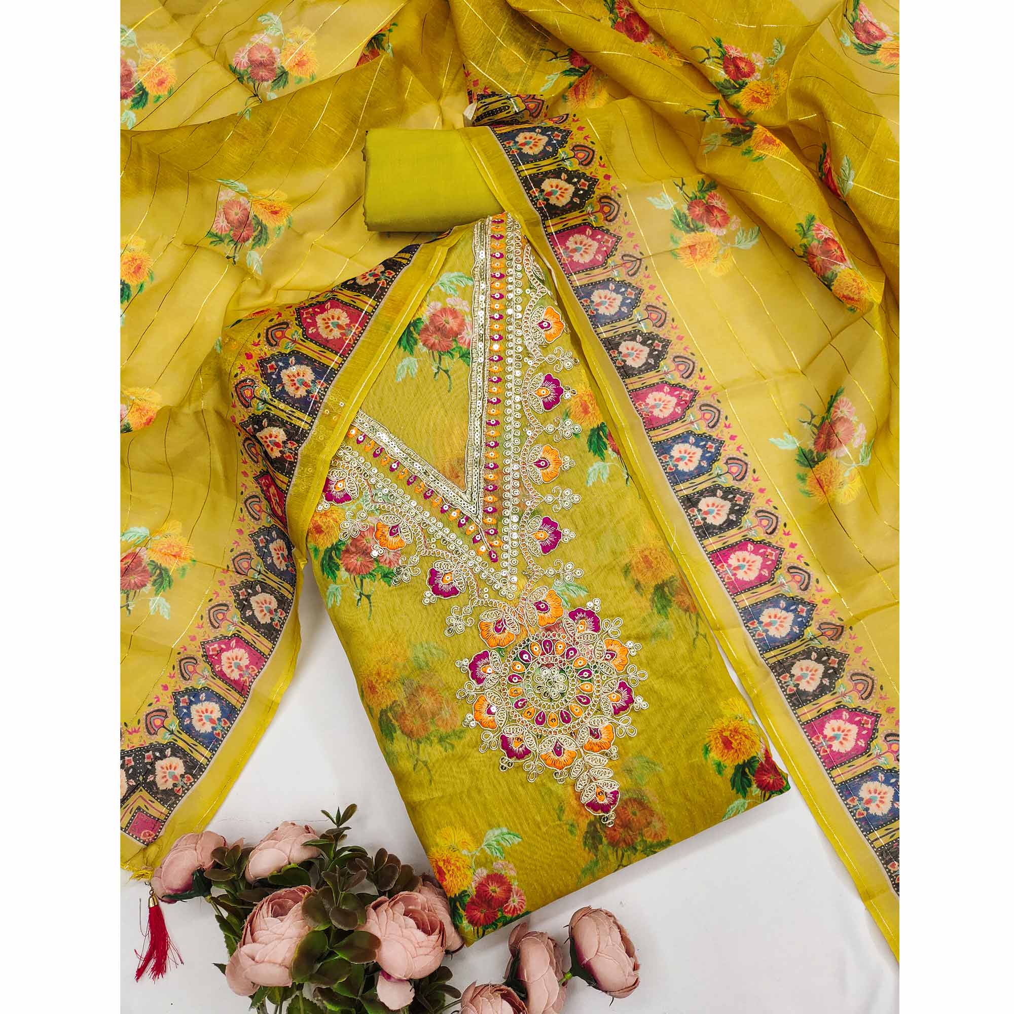 Mustard Floral Digital Print Dress Material With Sequins & Cording Embroidery On Chanderi Silk