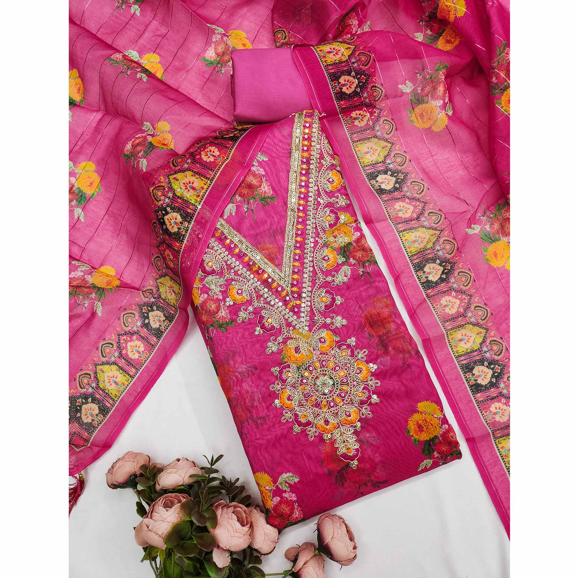 Pink Floral Digital Print Dress Material With Sequins & Cording Embroidery On Chanderi Silk