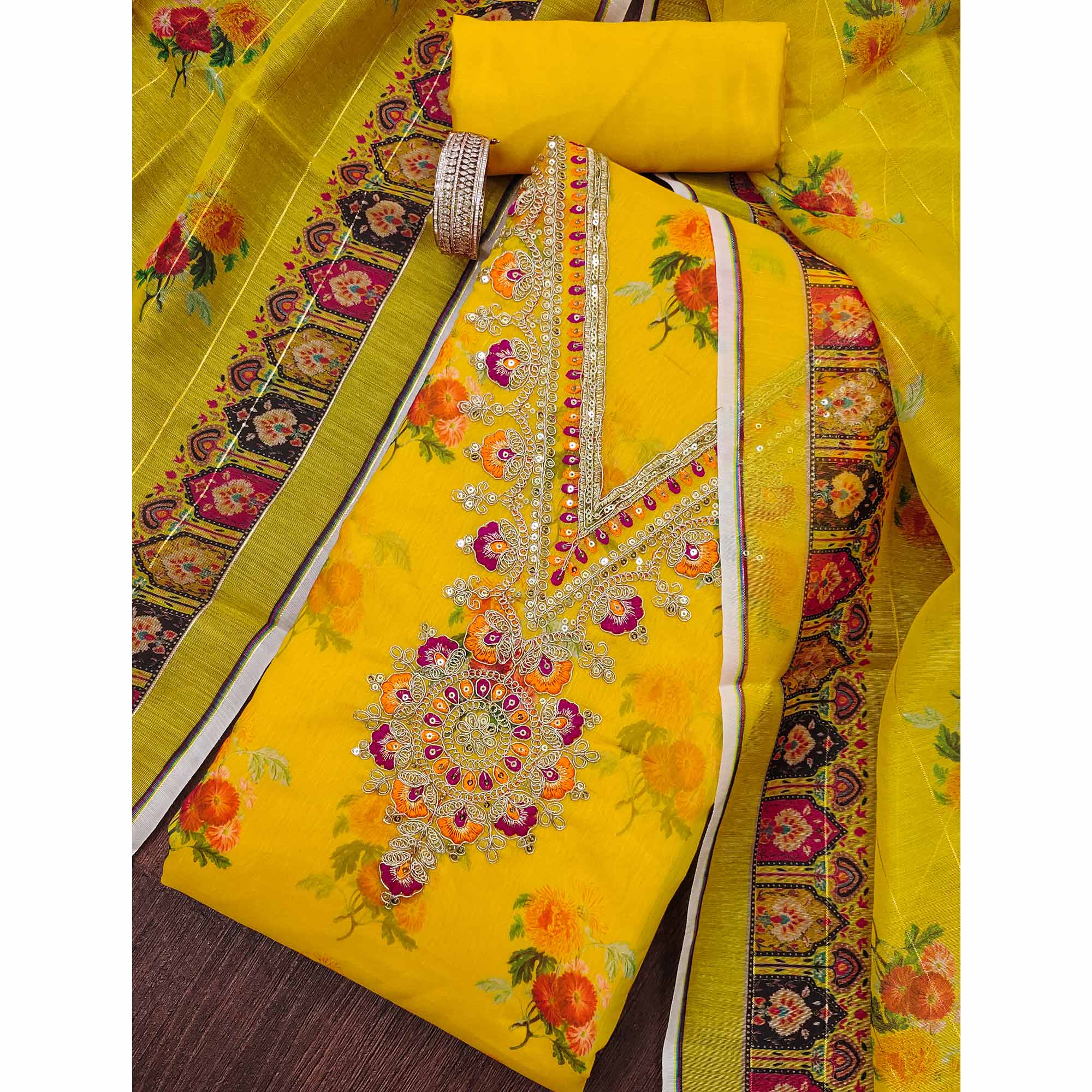 Yellow Floral Digital Print Dress Material With Sequins & Cording Embroidery On Chanderi Silk