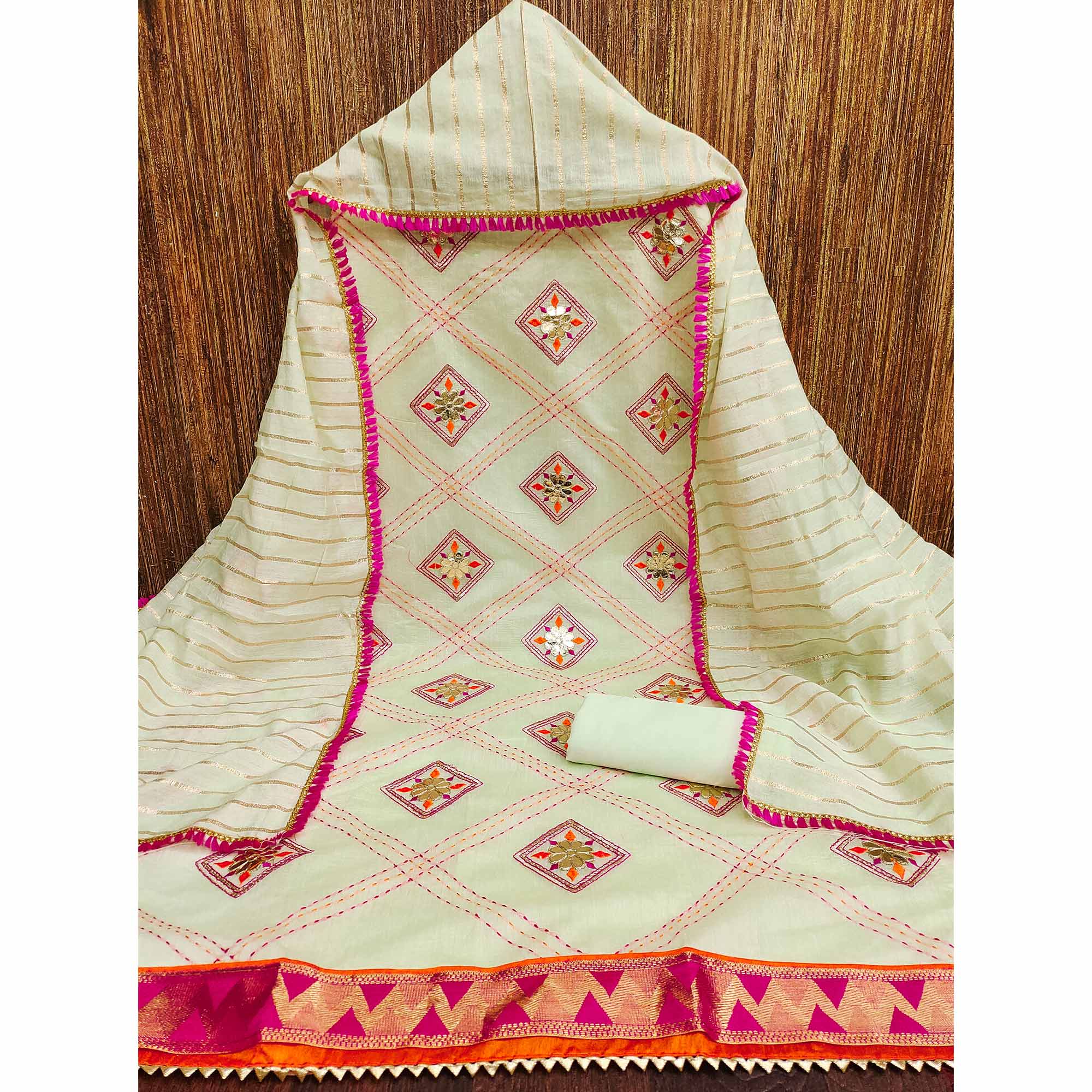 Light Pista Green Chanderi Dress Material Featuring Gota Patti Work & Delicate Floral Embroidery
