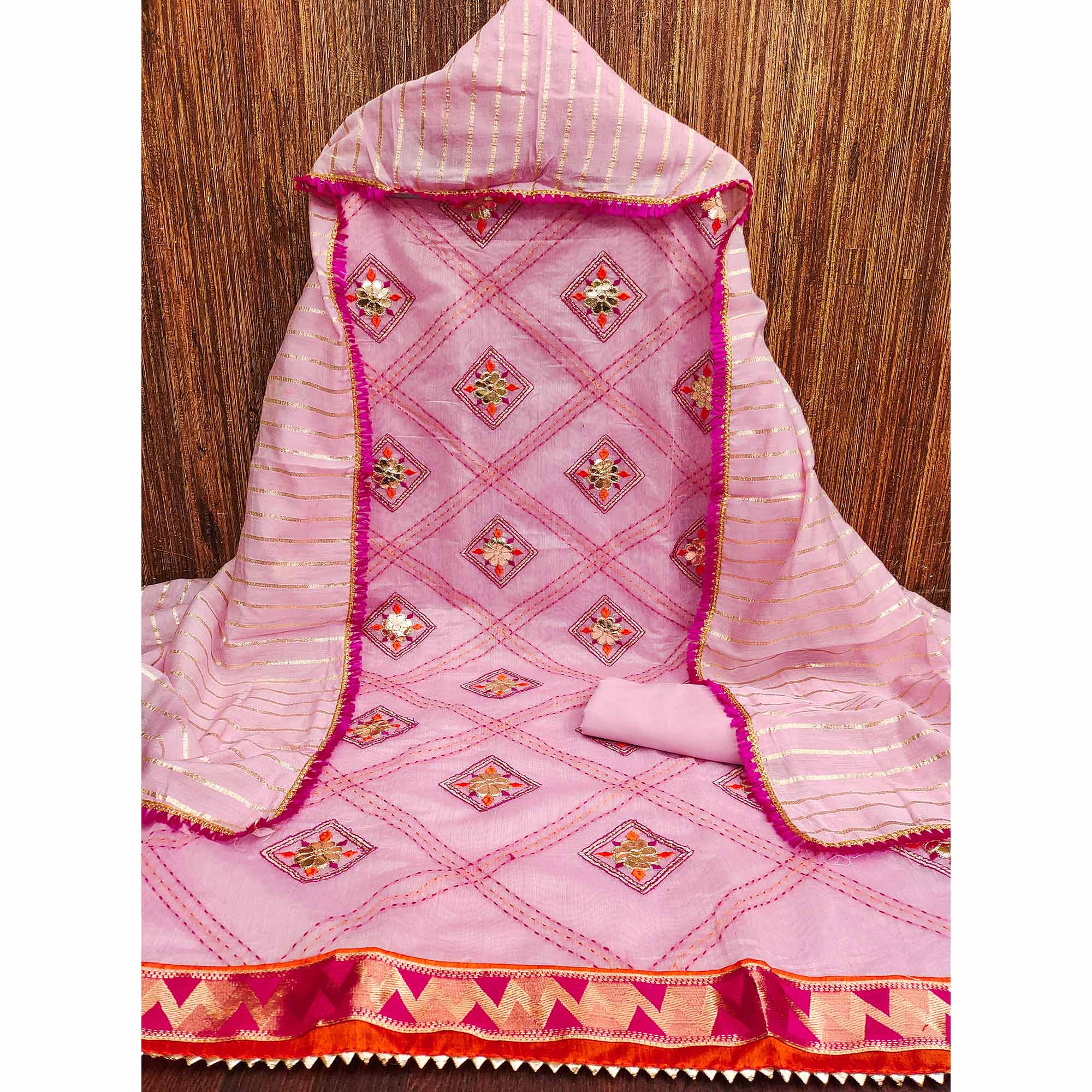 Pink Chanderi Dress Material Featuring Gota Patti Work & Delicate Floral Embroidery