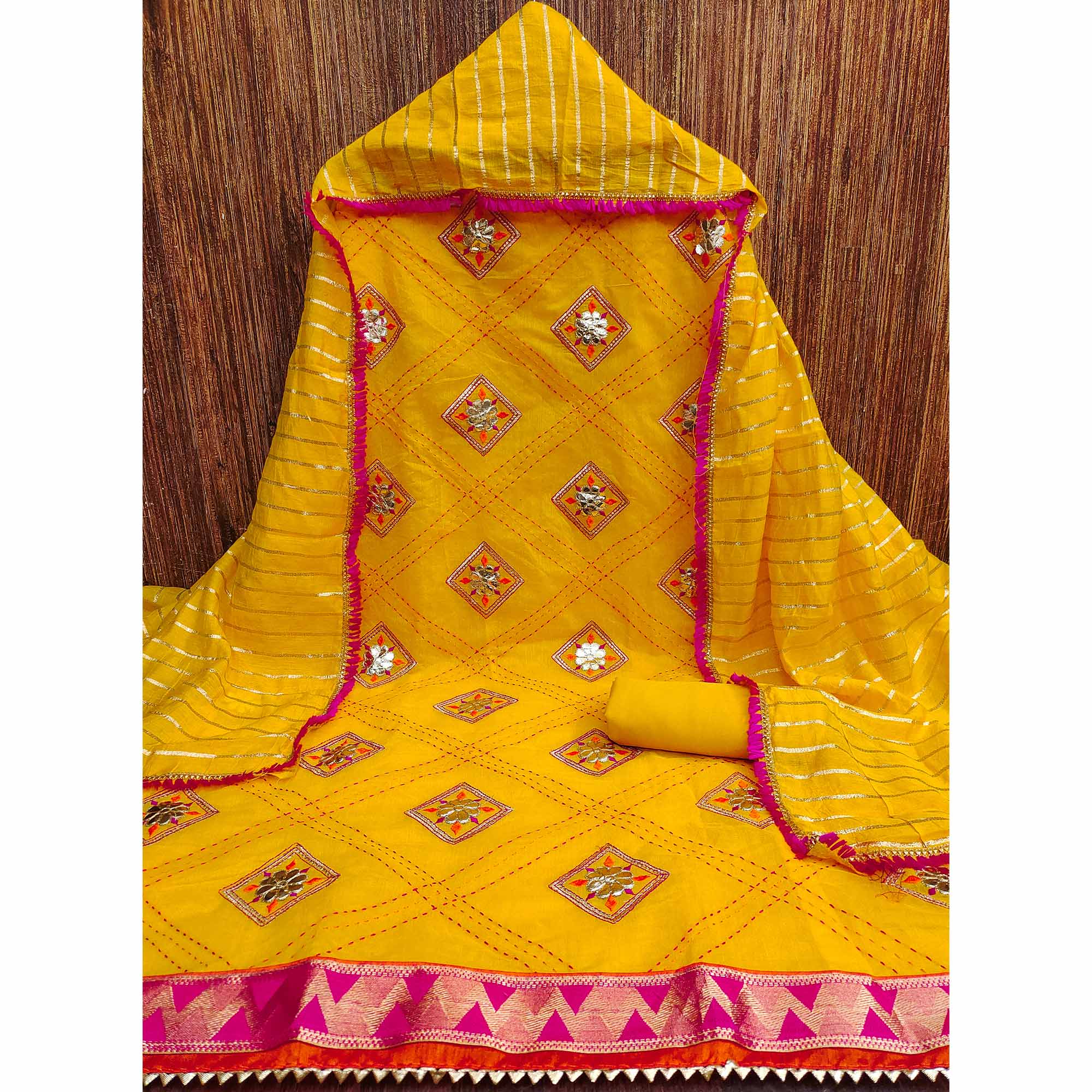 Yellow Chanderi Dress Material Featuring Gota Patti Work & Delicate Floral Embroidery
