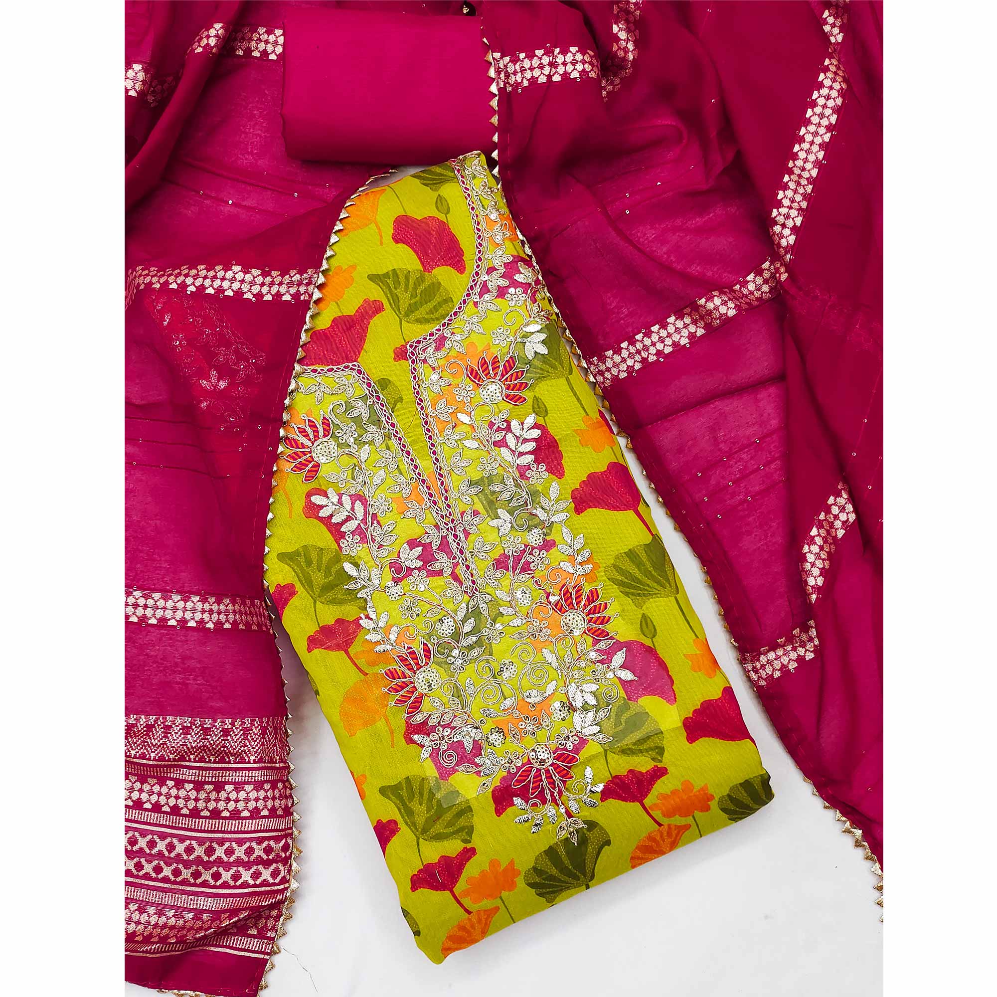Green Floral Printed With Sequins & Cording Embroidery Chanderi Silk Dress Material