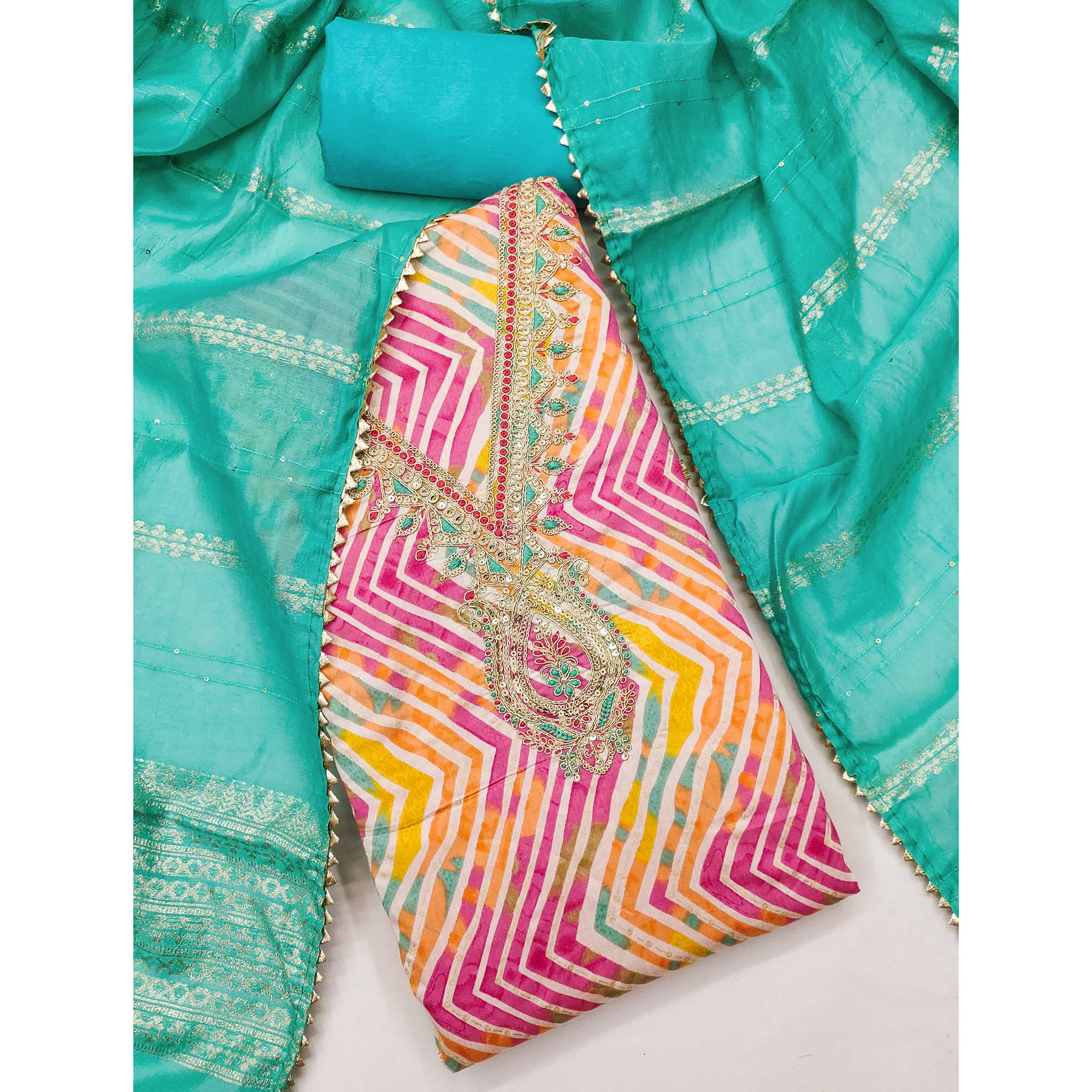 Rani Pink Zig Zag Printed With Sequins & Cording Embroidery Chanderi Silk Dress Material