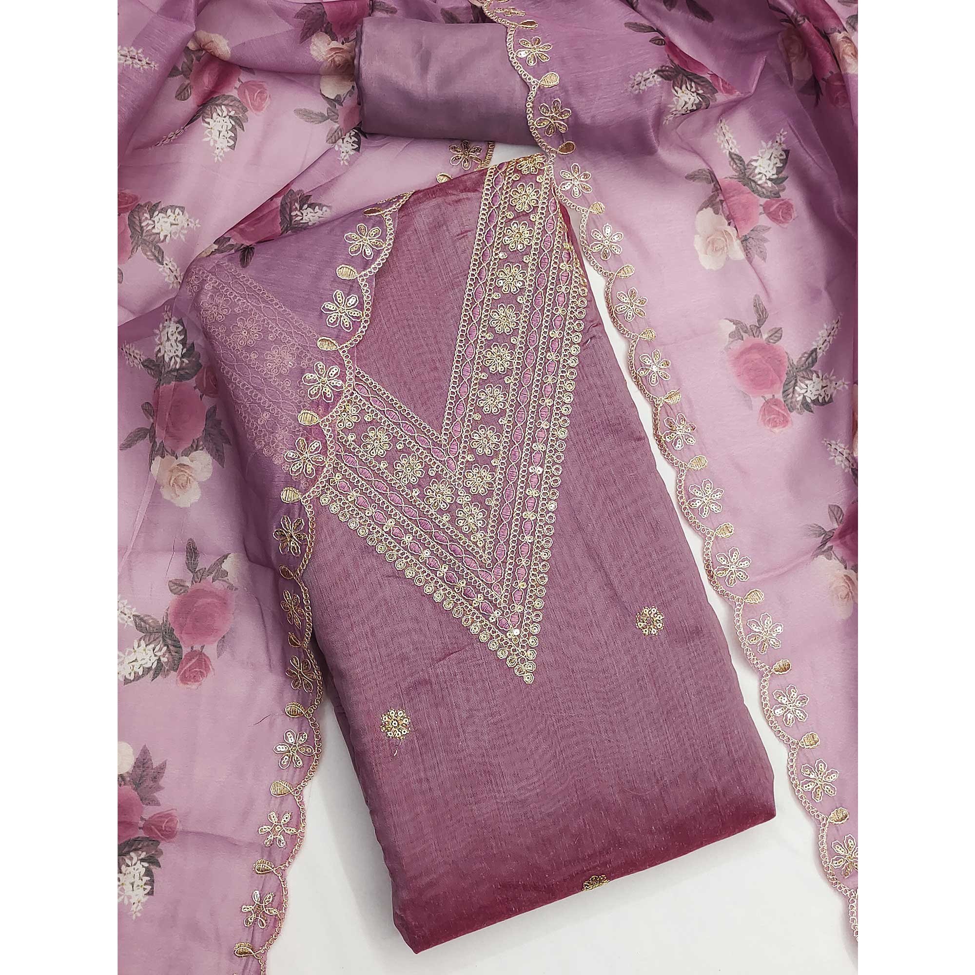 Lilac Purple Floral Cording Embroidery With Sequins Work Chanderi Silk Dress Material