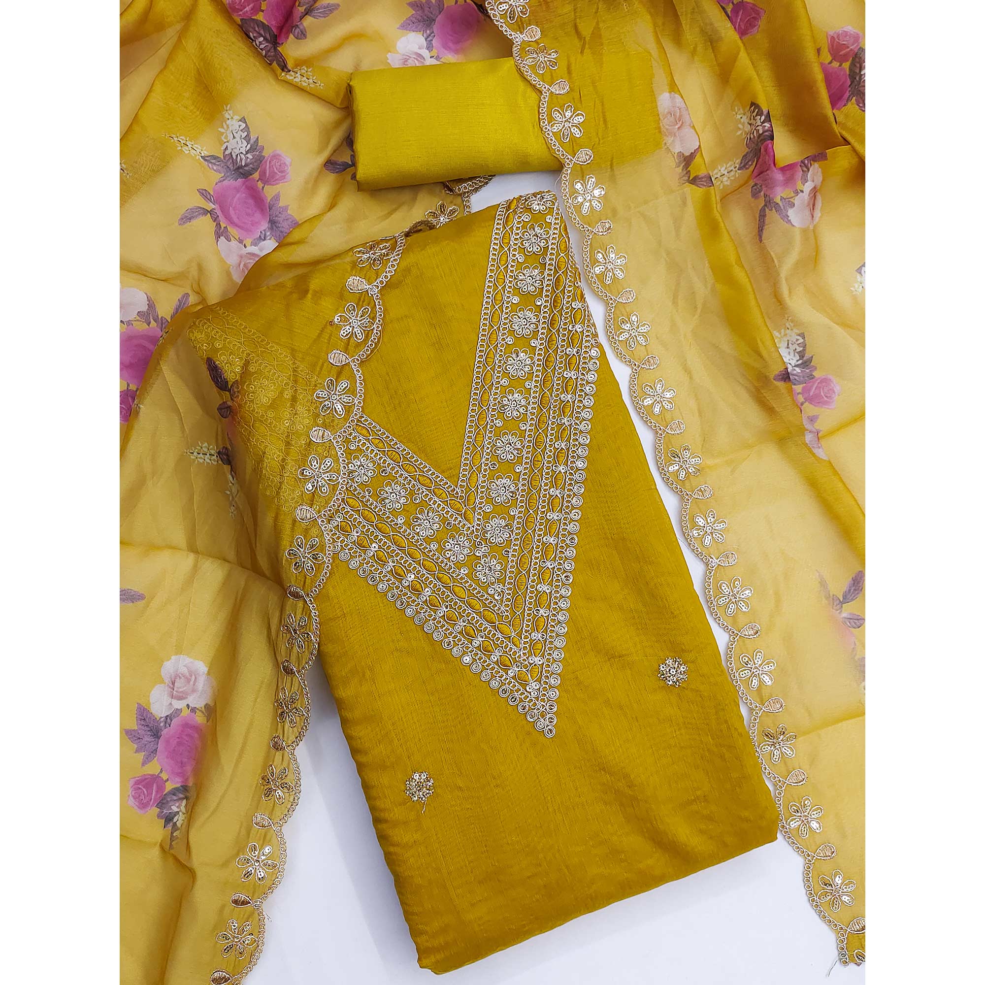 Mustard Floral Cording Embroidery With Sequins Work Chanderi Silk Dress Material