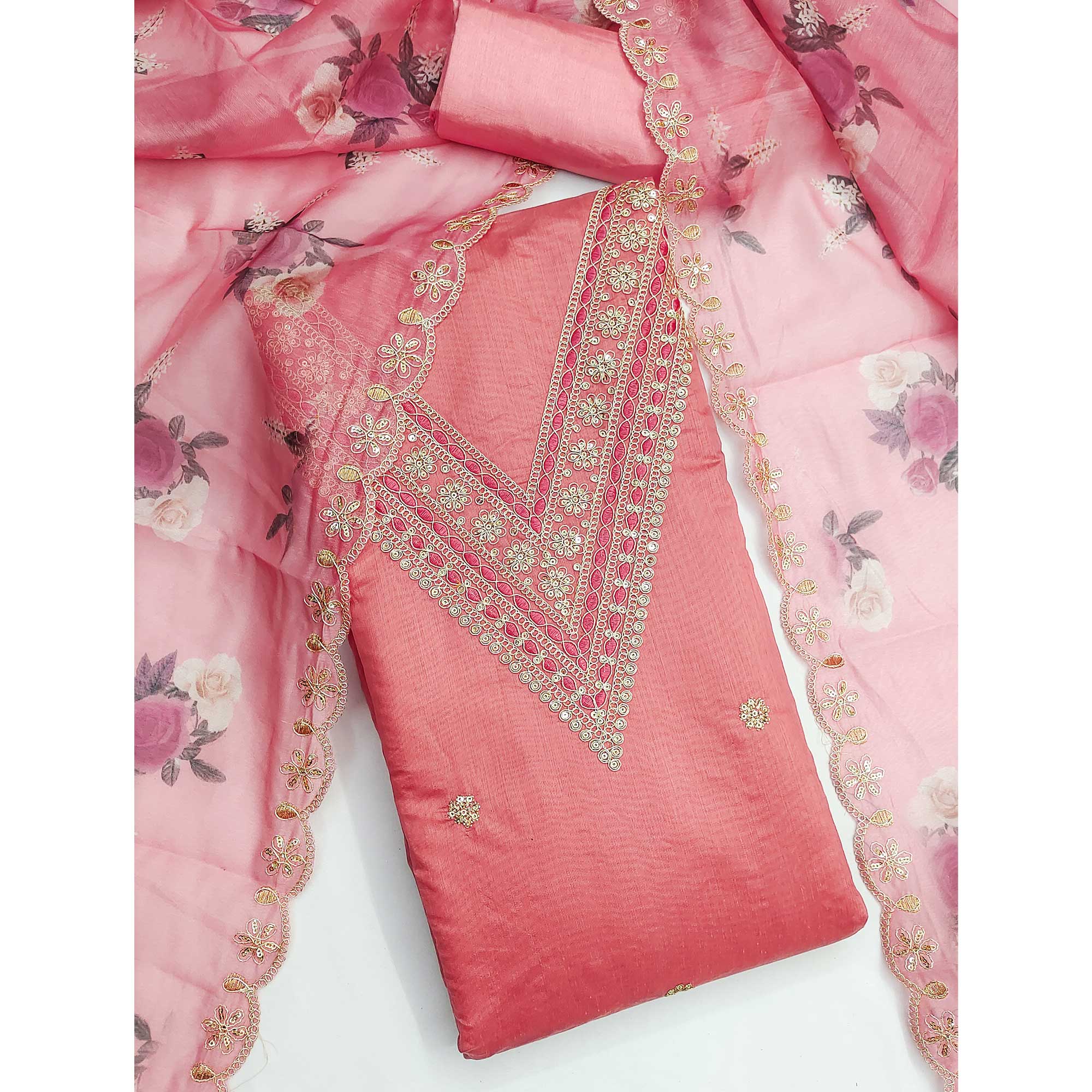 Peach Floral Cording Embroidery With Sequins Work Chanderi Silk Dress Material