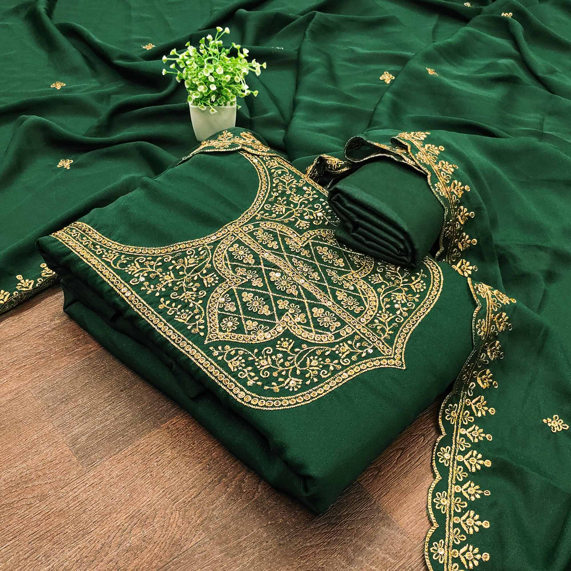 Green Georgette Dress Material With Sparkling Sequins & Zari Floral Embroidery