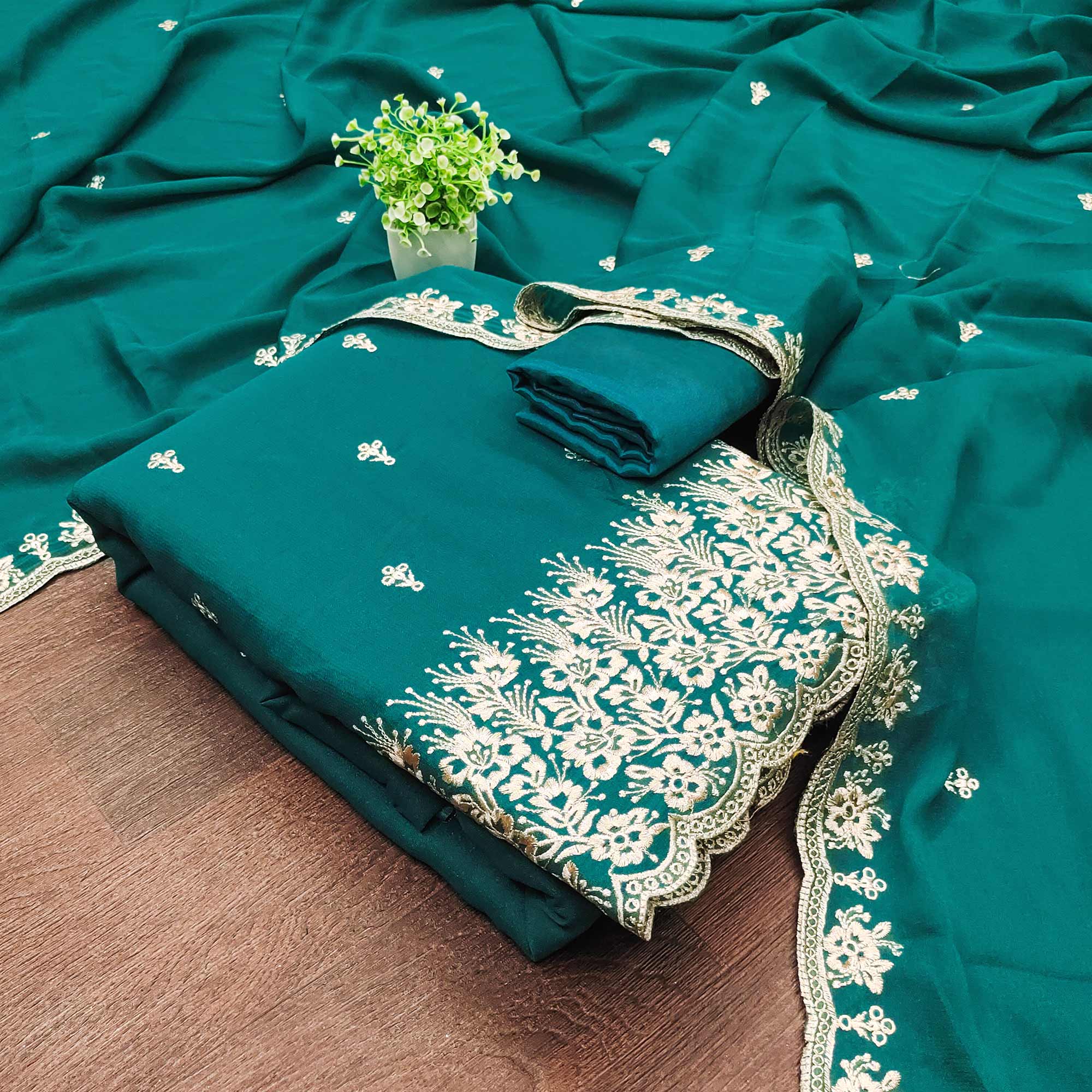 Teal Georgette Dress Material With Delicate Floral Zari Embroidery