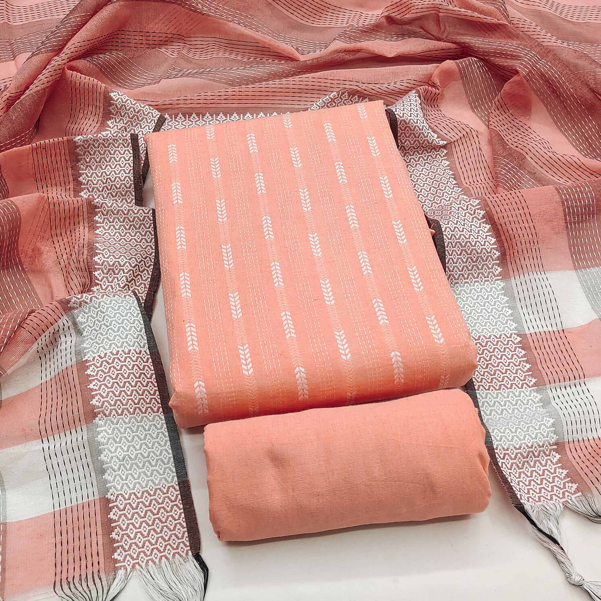 Charming Peach Woven Poly Cotton Blend Dress Material