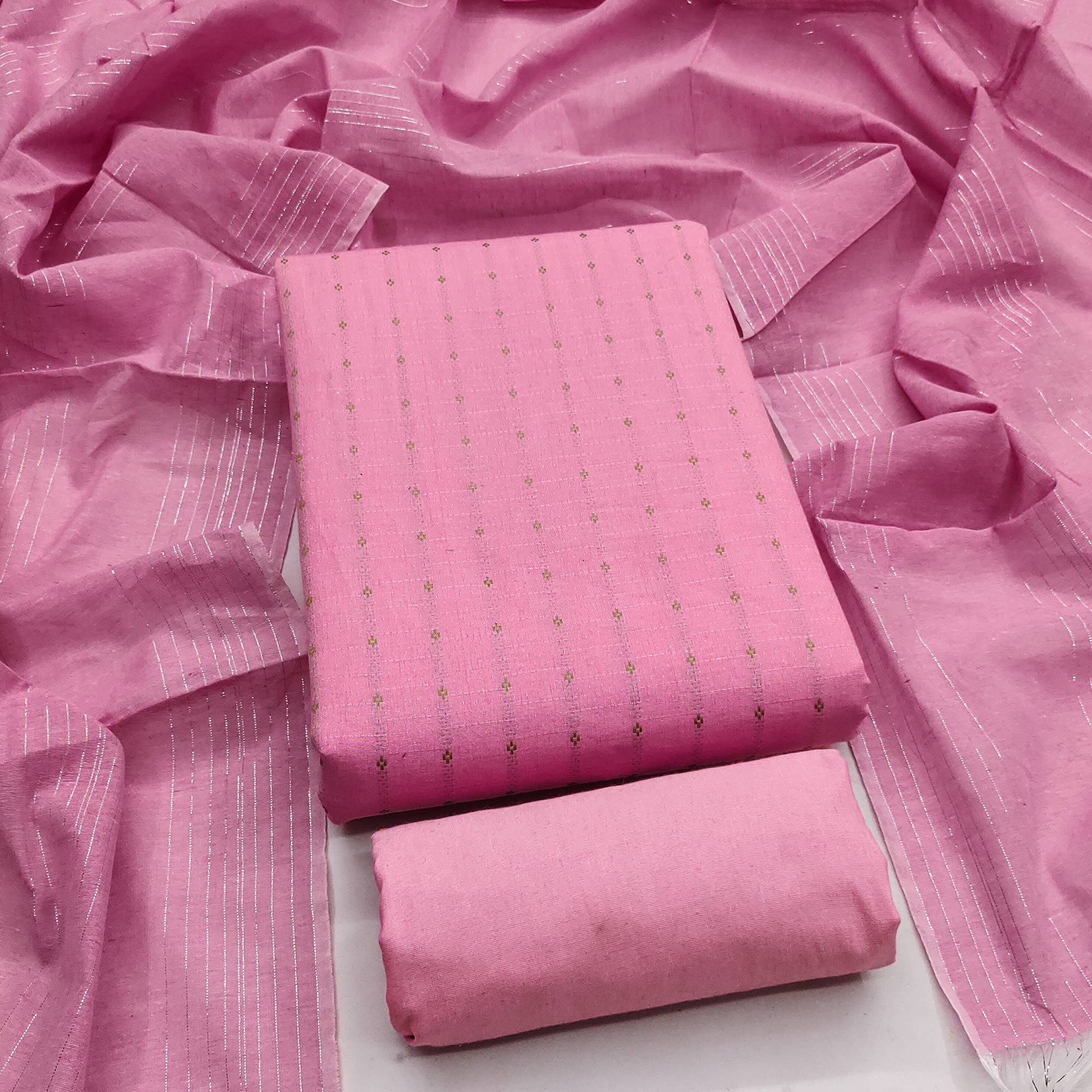 Fresh Pink Woven Poly Cotton Blend Dress Material