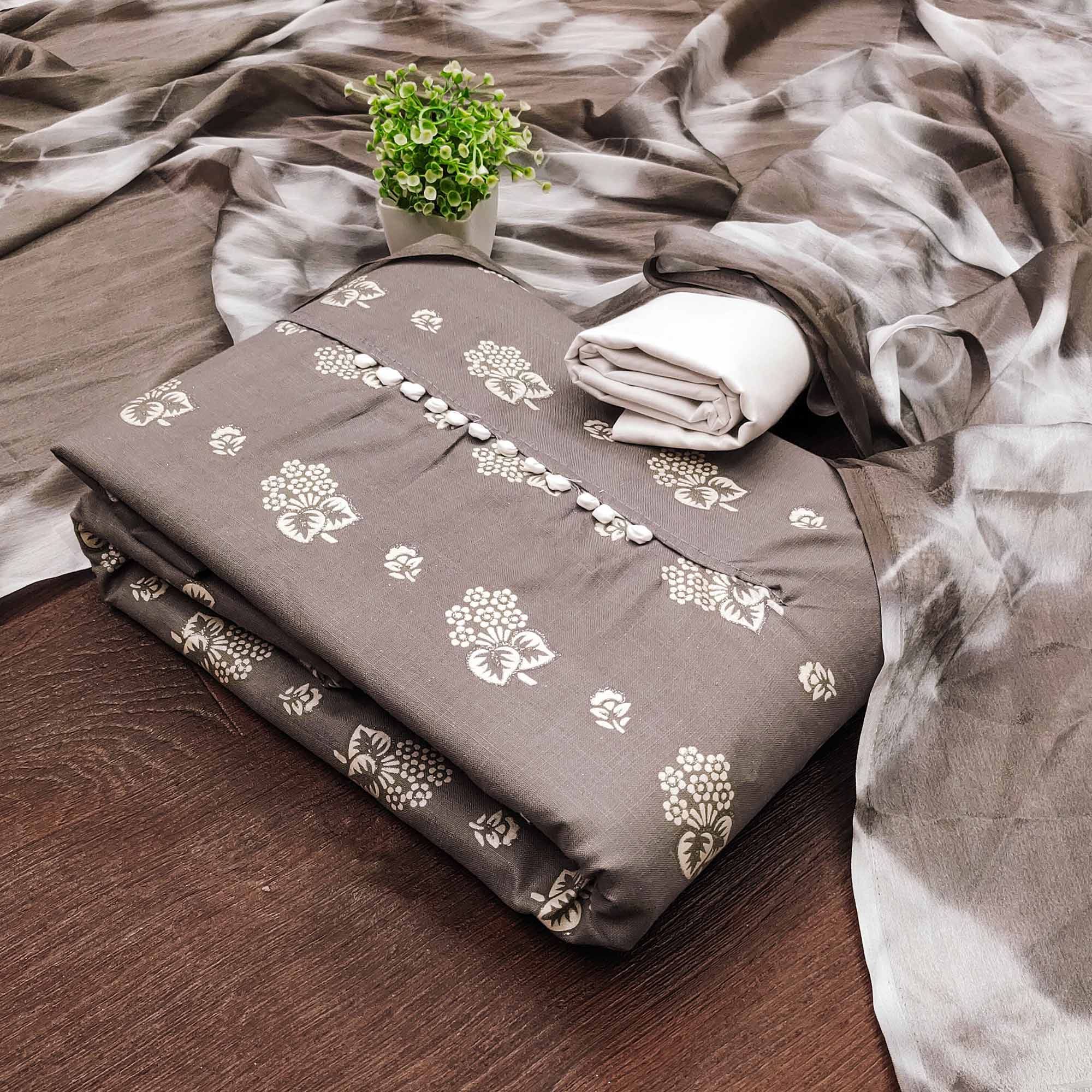Sophisticated Grey Floral Printed Cotton Blend Dress Material