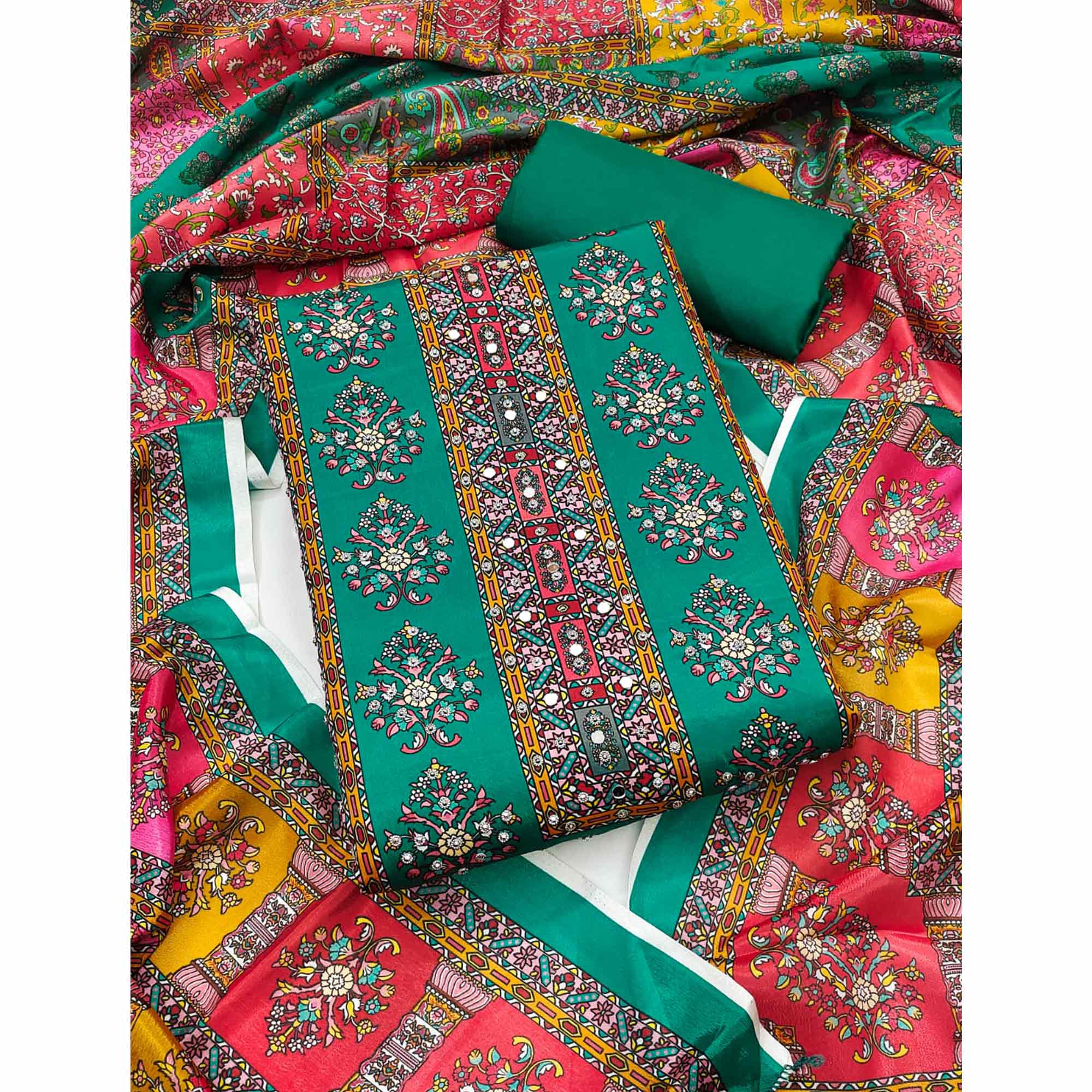 Rama Green Pakistani Dress Material Featuring Soft Chinon Fabric and Timeless Floral Prints