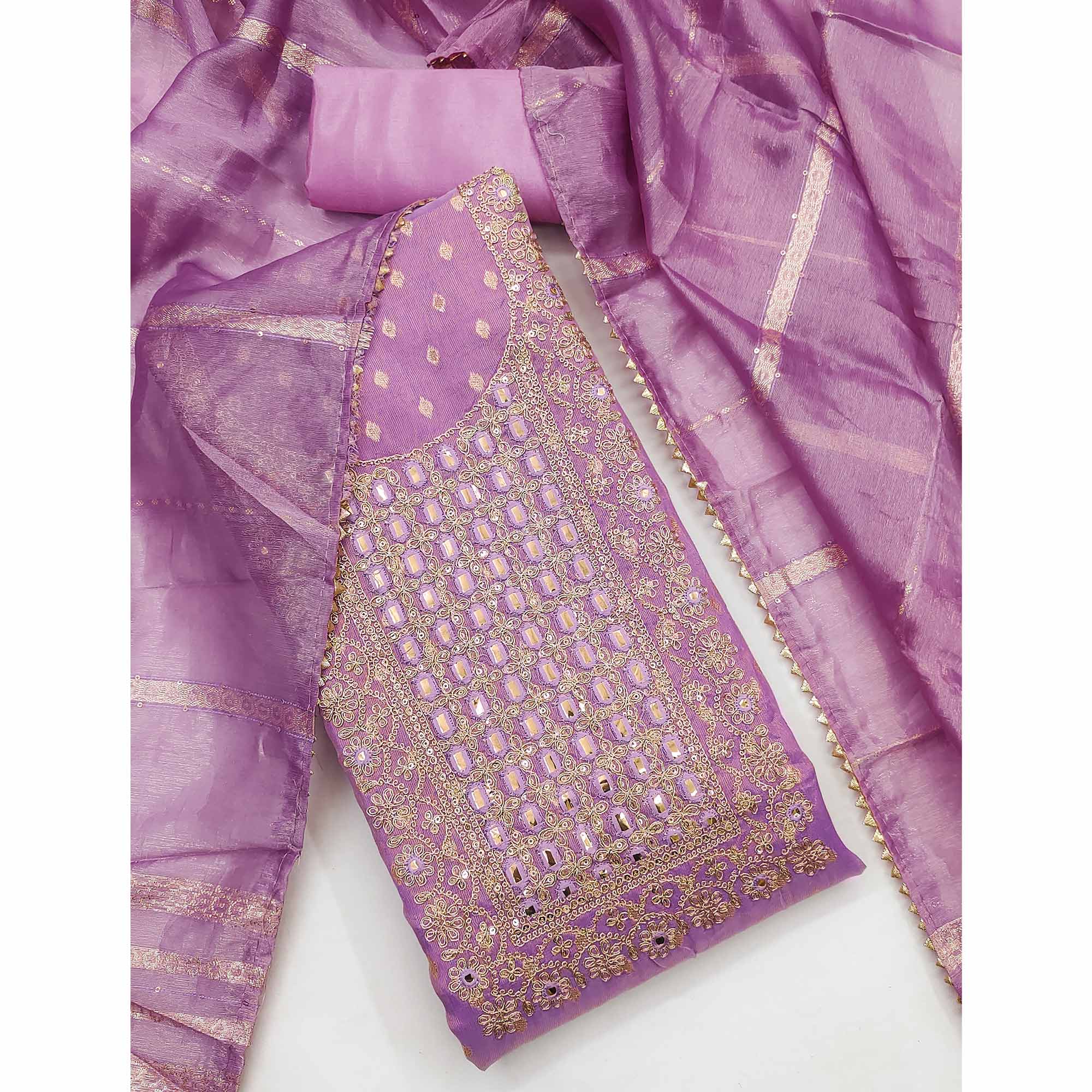 Lavender Weaving Dress Material In Shimmer Silk With Detailed Cording & Sequin Embroidery Work