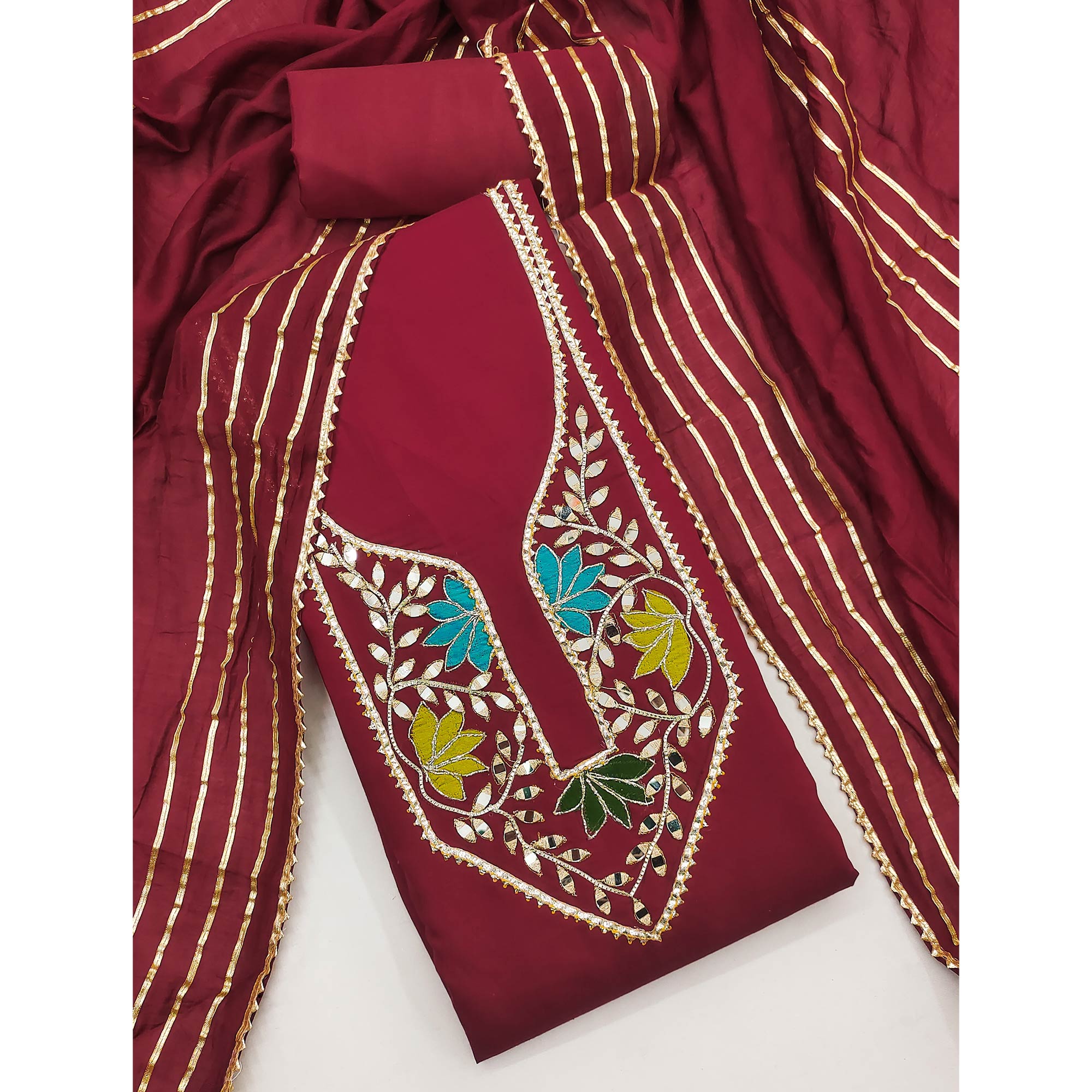 Maroon Floral Embroidery Chanderi Cotton Dress Material Embellished With Mirror & Gota Patti